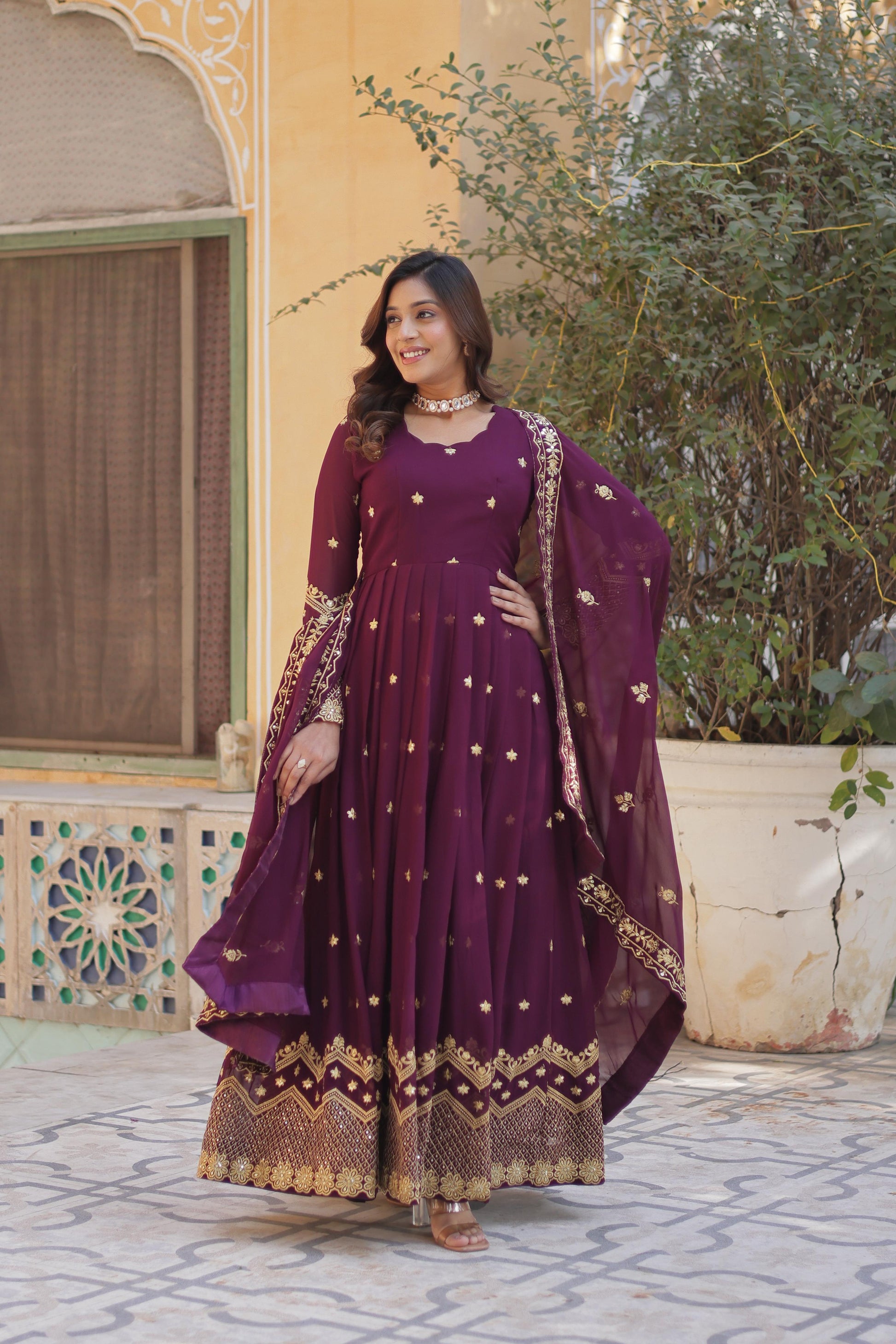 Breathtaking Faux Georgette Zari Sequins Embroidered Gown With Dupatta - INDIAN ELEGANCE