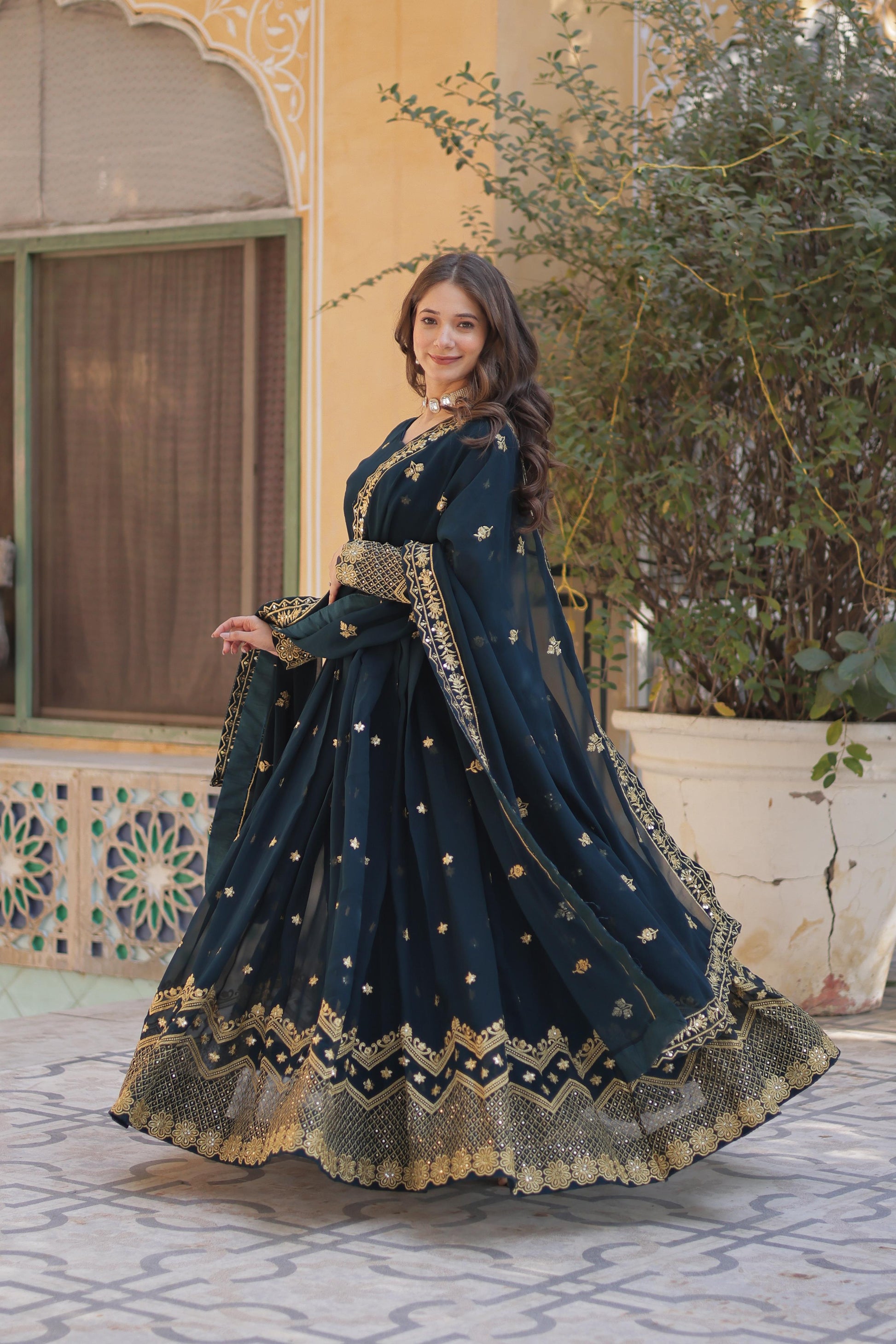 Breathtaking Faux Georgette Zari Sequins Embroidered Gown With Dupatta - INDIAN ELEGANCE