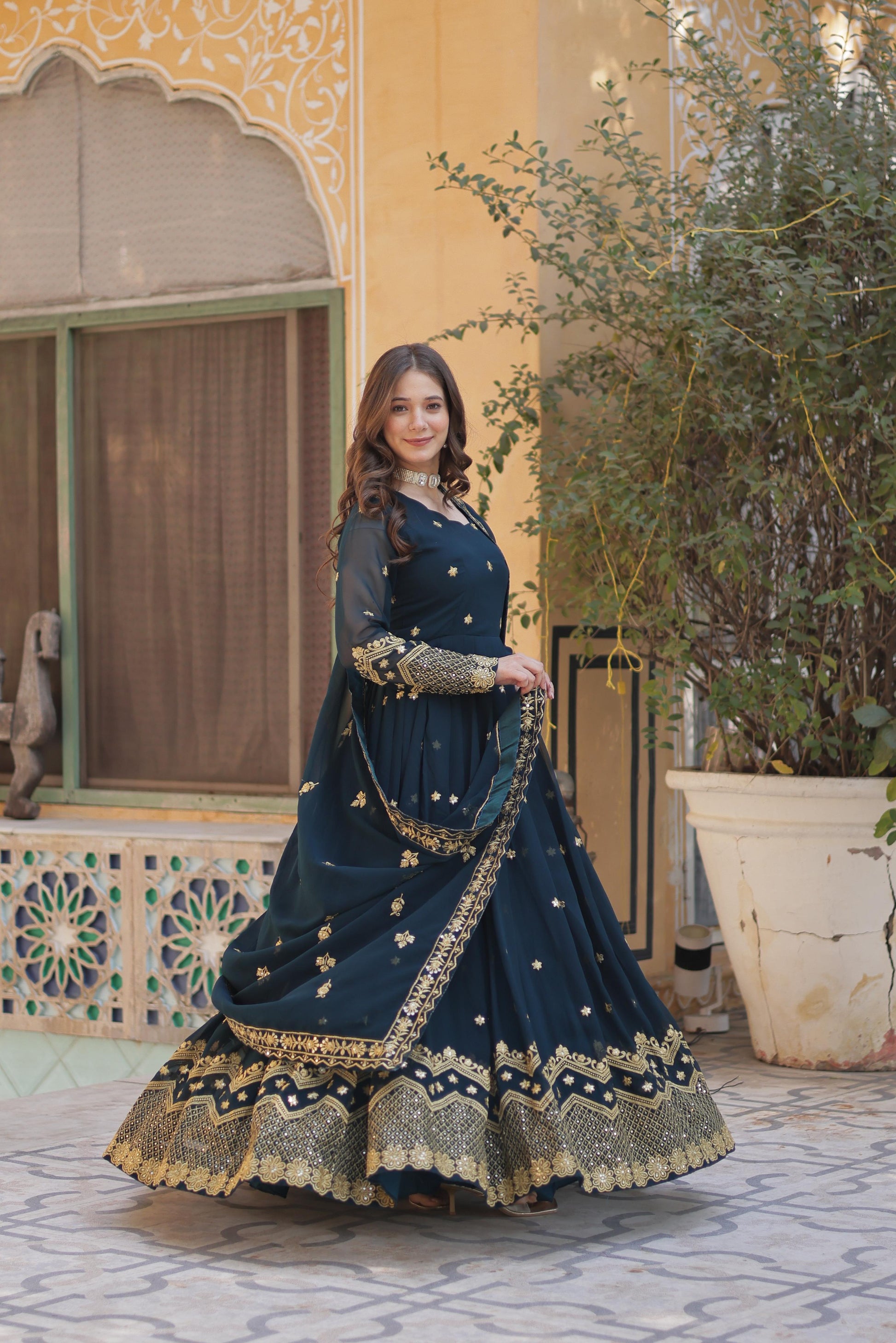 Breathtaking Faux Georgette Zari Sequins Embroidered Gown With Dupatta - INDIAN ELEGANCE
