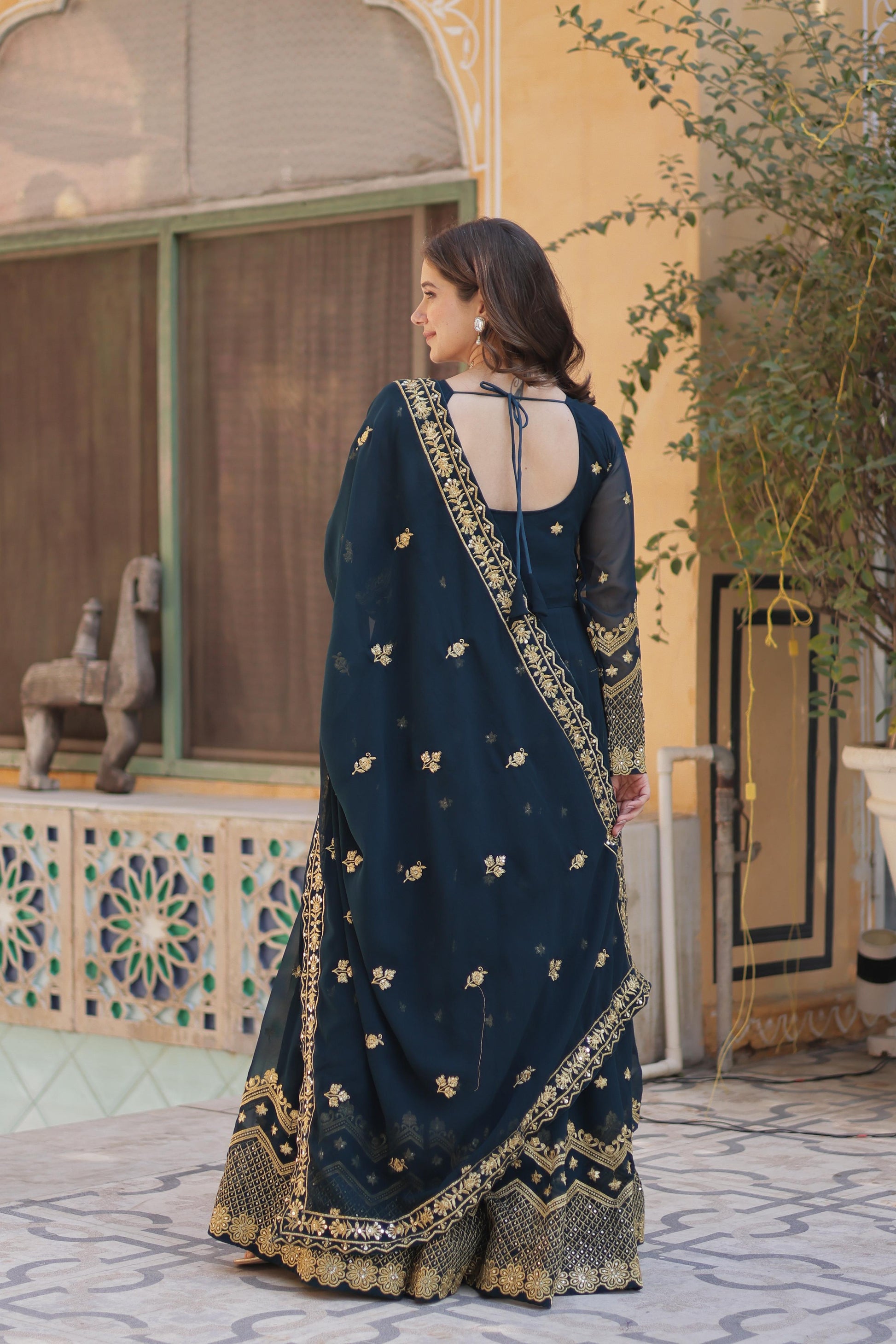 Breathtaking Faux Georgette Zari Sequins Embroidered Gown With Dupatta - INDIAN ELEGANCE