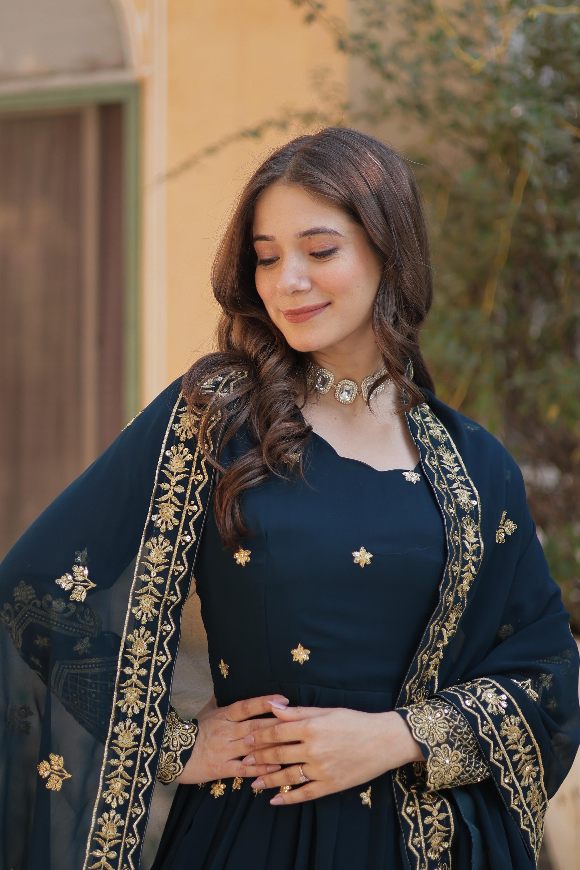 Breathtaking Faux Georgette Zari Sequins Embroidered Gown With Dupatta - INDIAN ELEGANCE