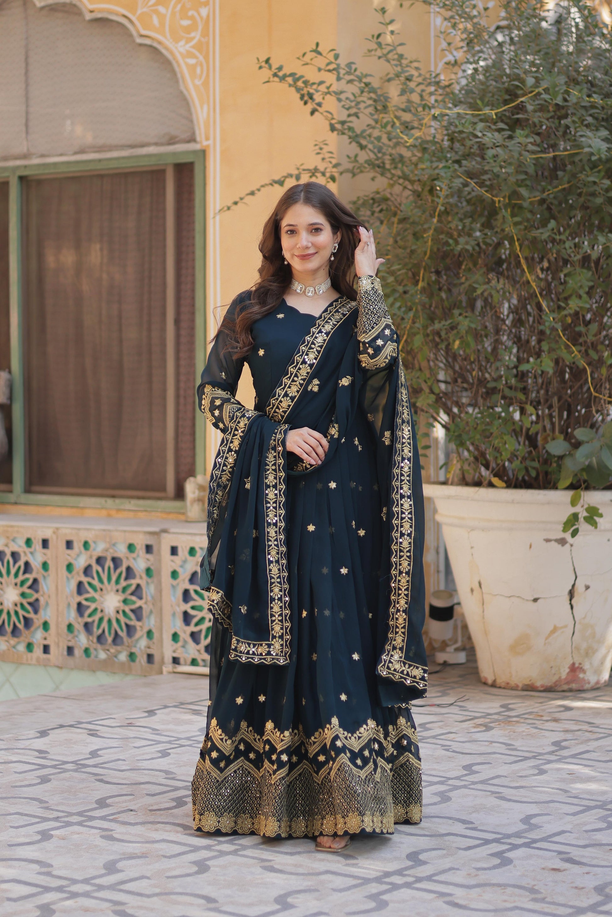 Breathtaking Faux Georgette Zari Sequins Embroidered Gown With Dupatta - INDIAN ELEGANCE