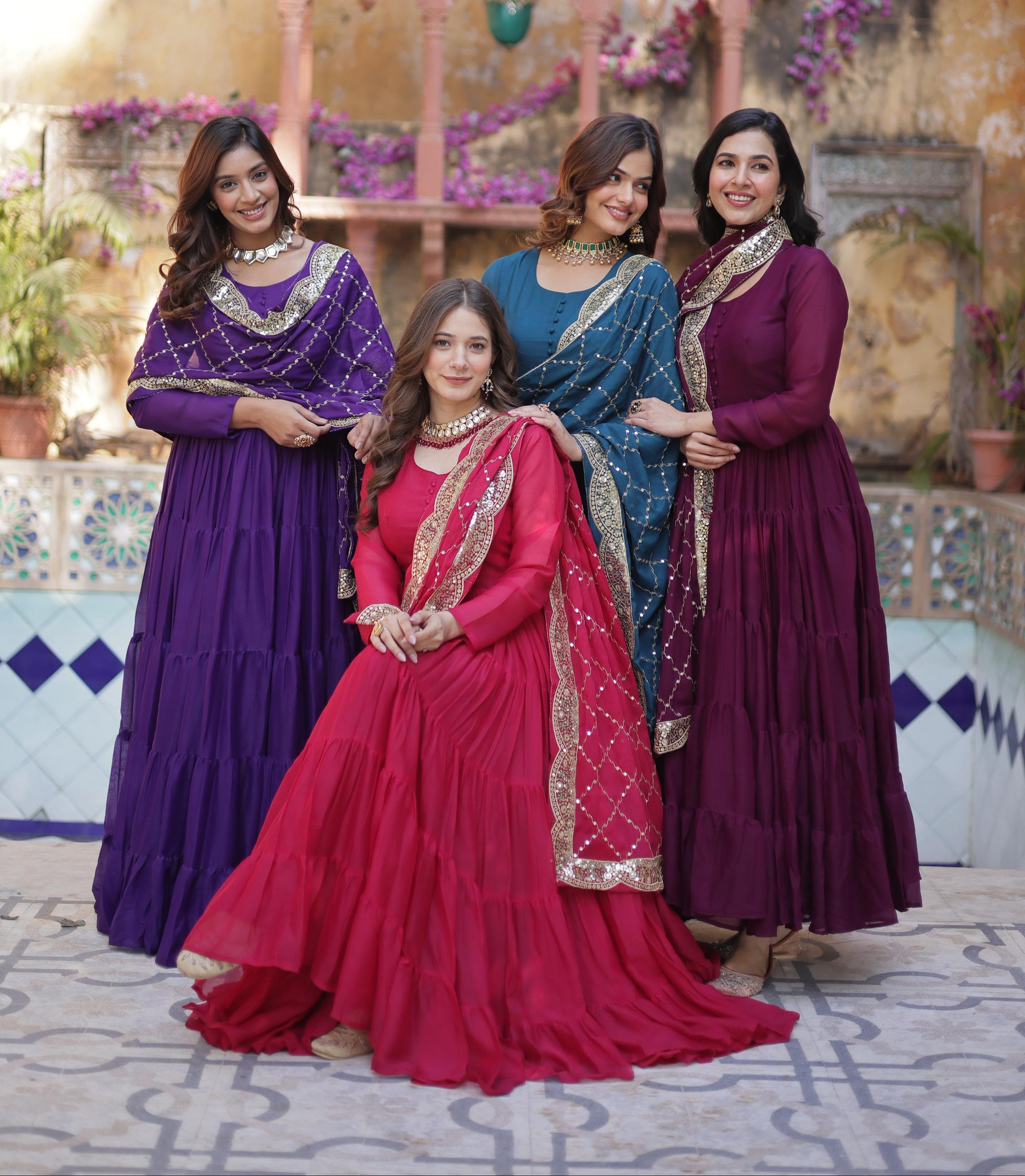 Sttuning 15 Mtr Flared Georgette Stitched Designer Ruffle Gown - INDIAN ELEGANCE