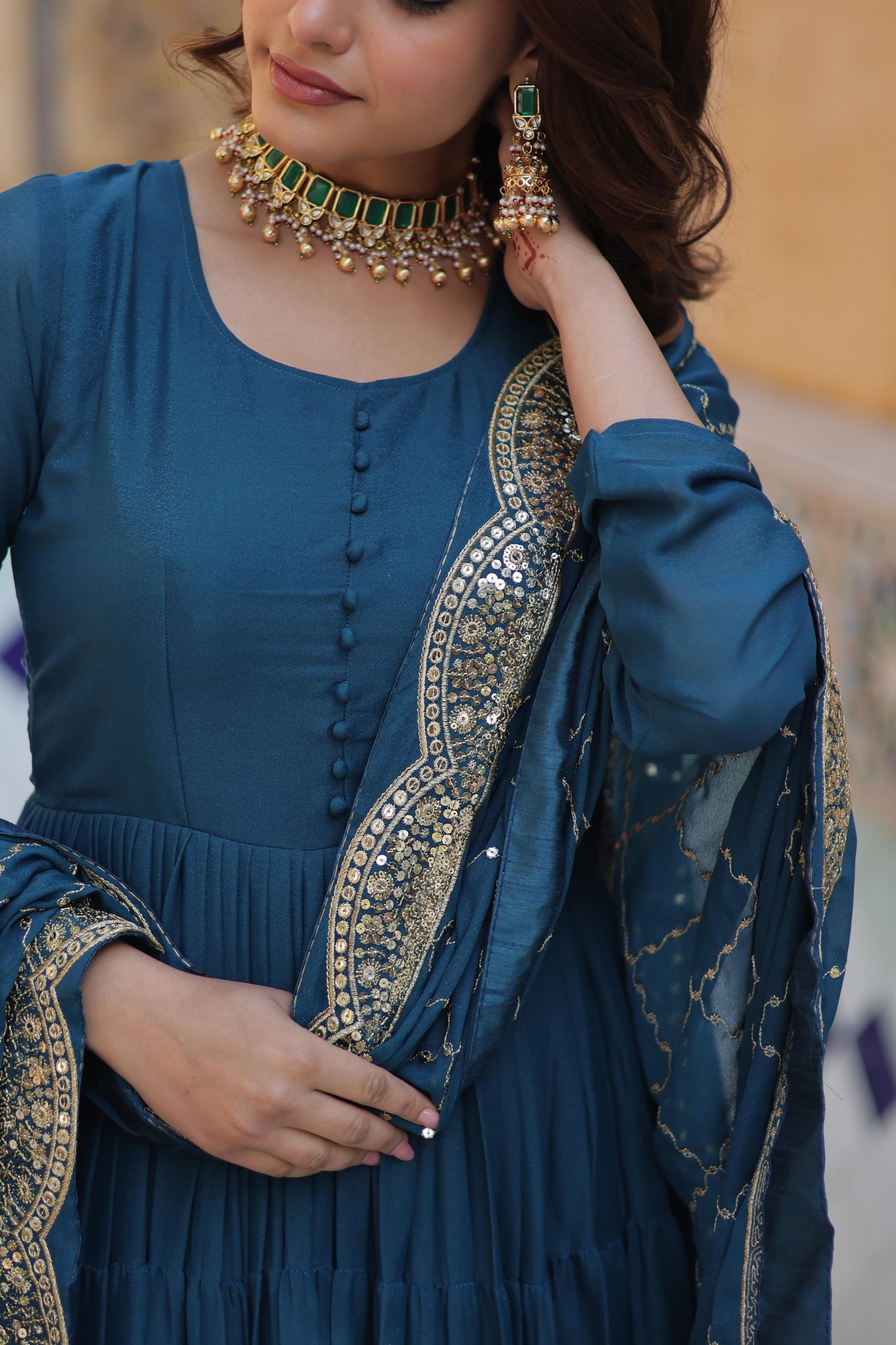 Sttuning 15 Mtr Flared Georgette Stitched Designer Ruffle Gown - INDIAN ELEGANCE