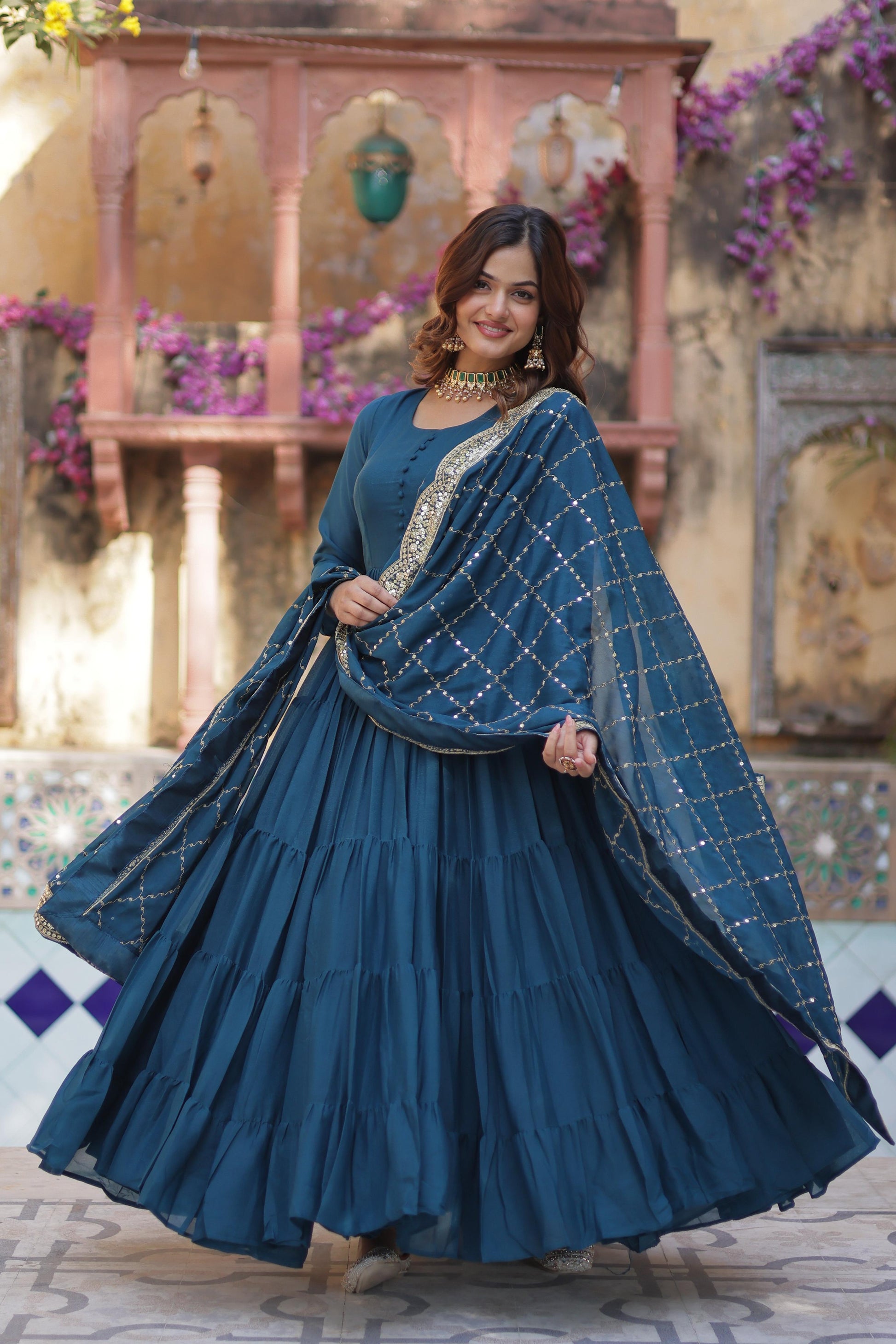 Sttuning 15 Mtr Flared Georgette Stitched Designer Ruffle Gown - INDIAN ELEGANCE