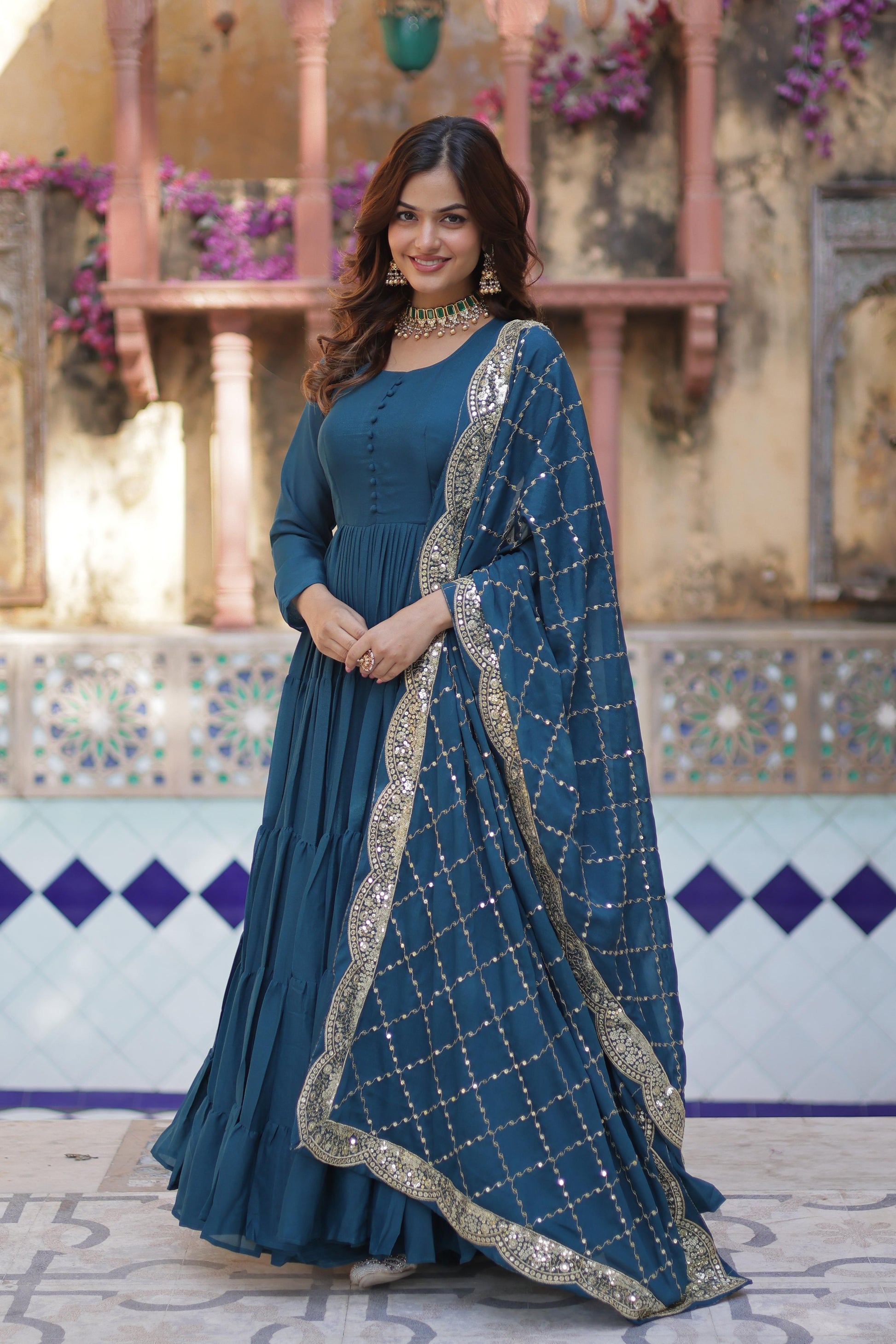 Sttuning 15 Mtr Flared Georgette Stitched Designer Ruffle Gown - INDIAN ELEGANCE