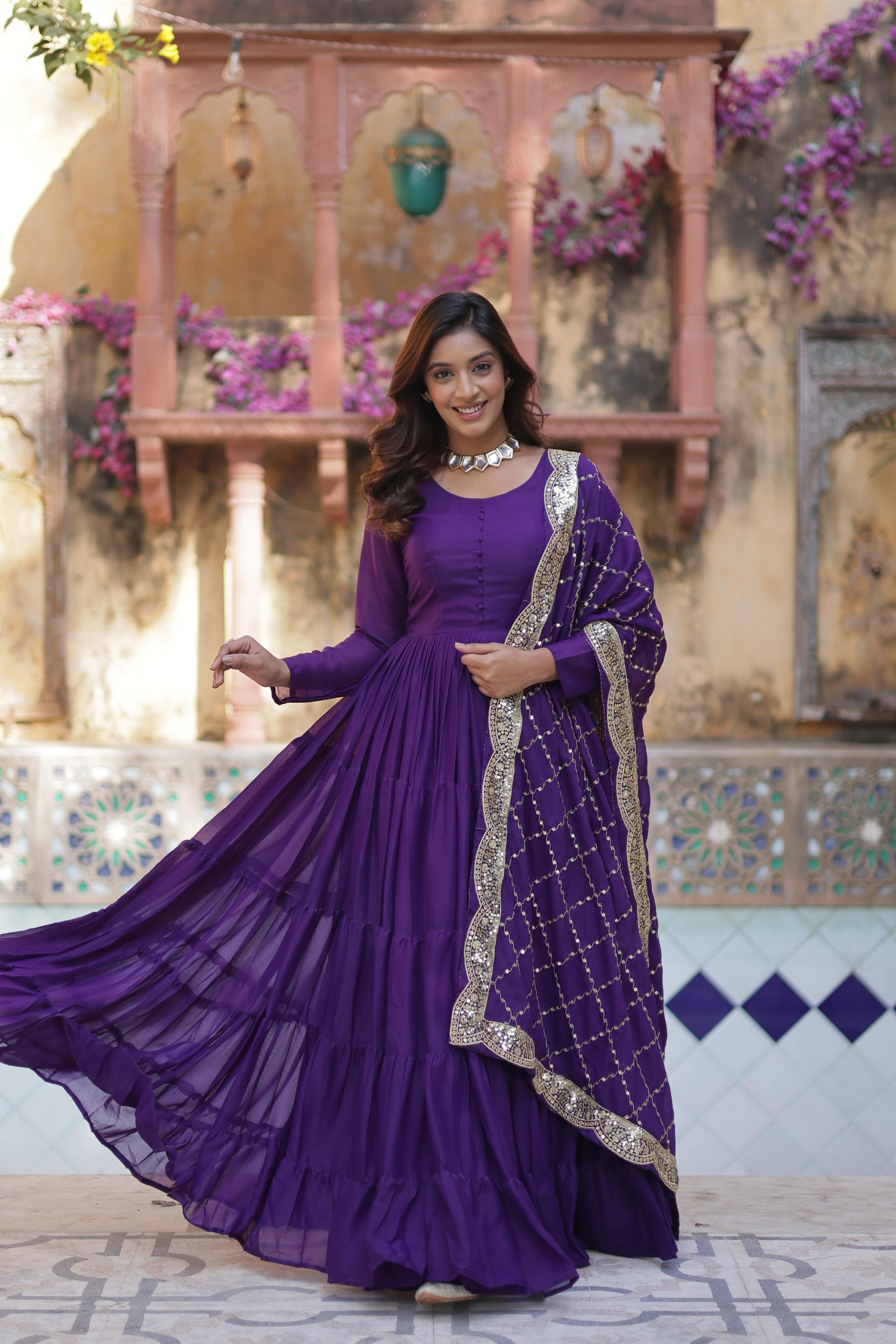 Sttuning 15 Mtr Flared Georgette Stitched Designer Ruffle Gown - INDIAN ELEGANCE