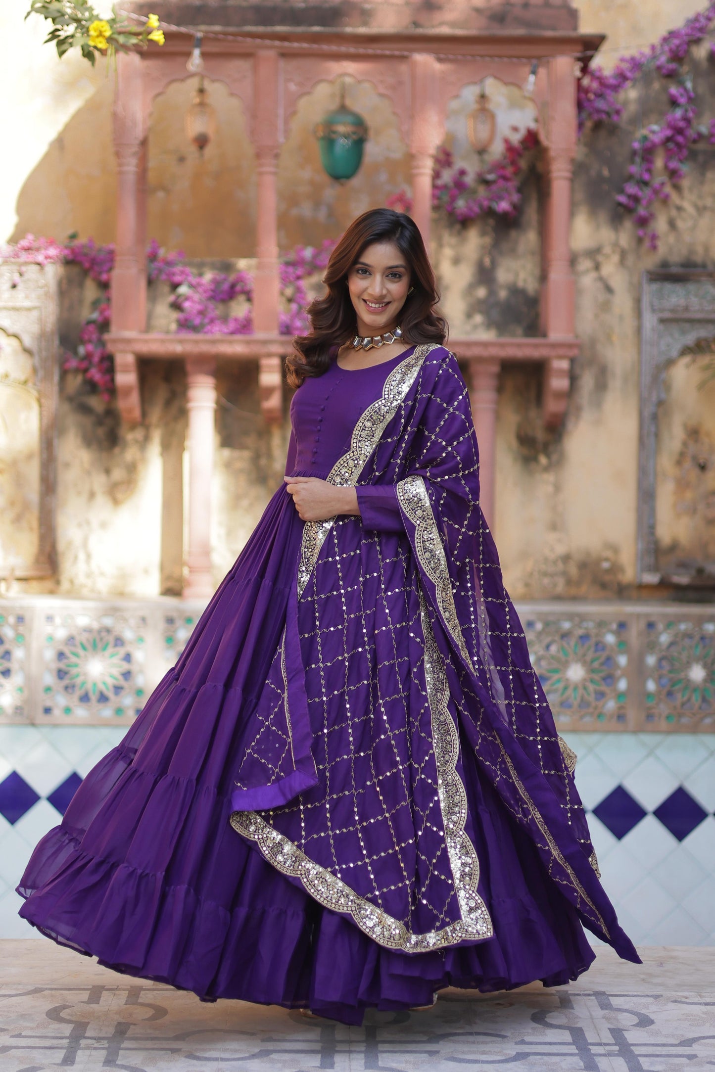 Sttuning 15 Mtr Flared Georgette Stitched Designer Ruffle Gown - INDIAN ELEGANCE