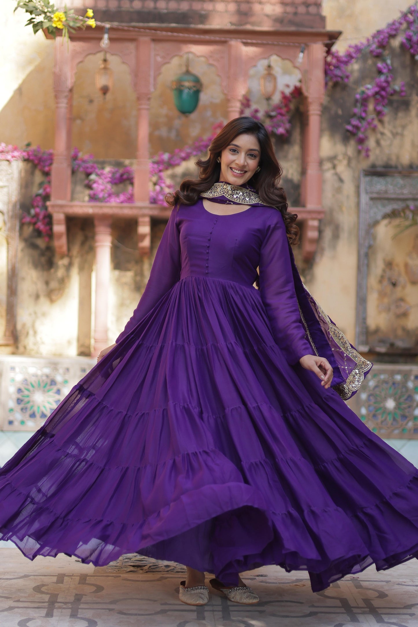 Sttuning 15 Mtr Flared Georgette Stitched Designer Ruffle Gown - INDIAN ELEGANCE