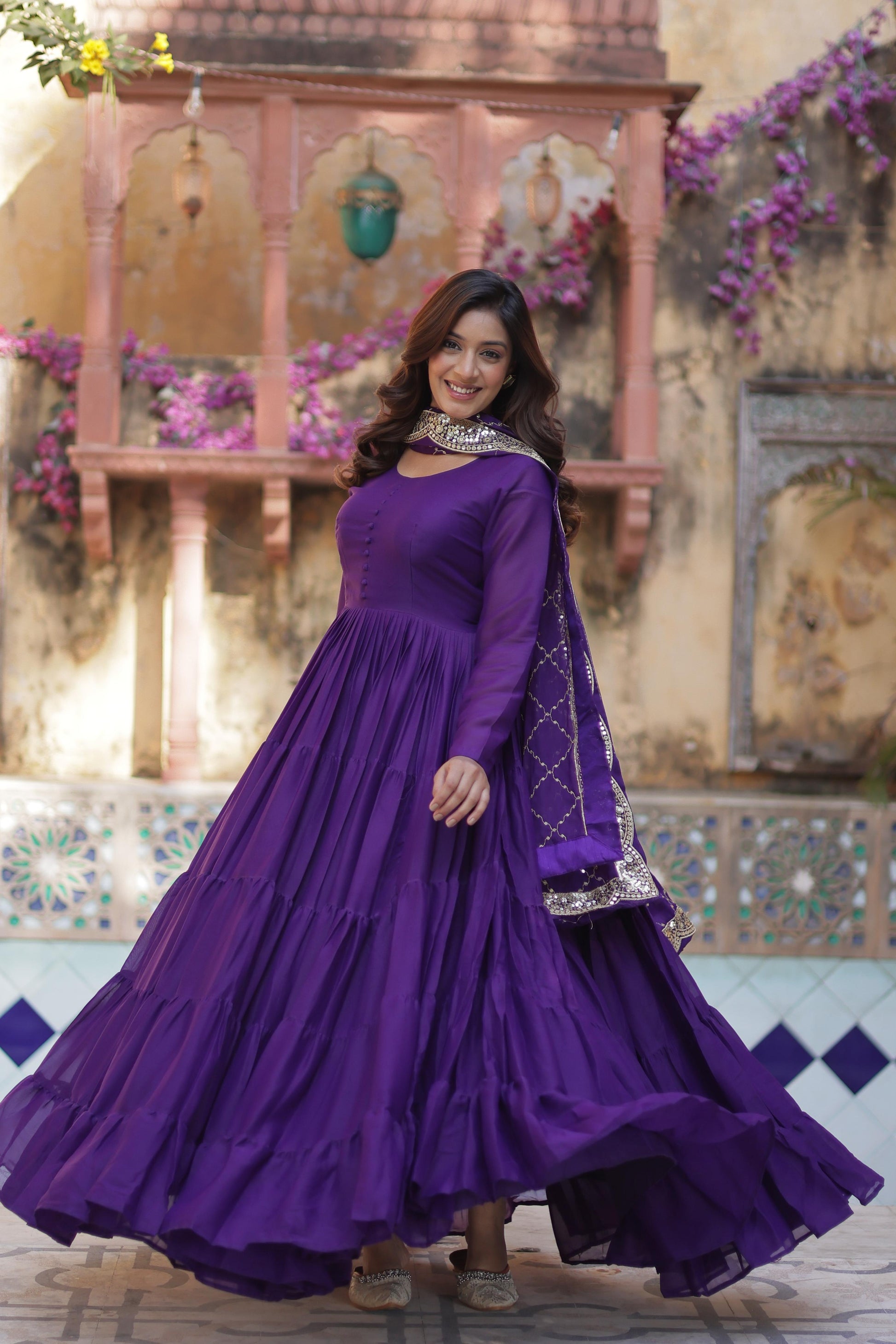 Sttuning 15 Mtr Flared Georgette Stitched Designer Ruffle Gown - INDIAN ELEGANCE