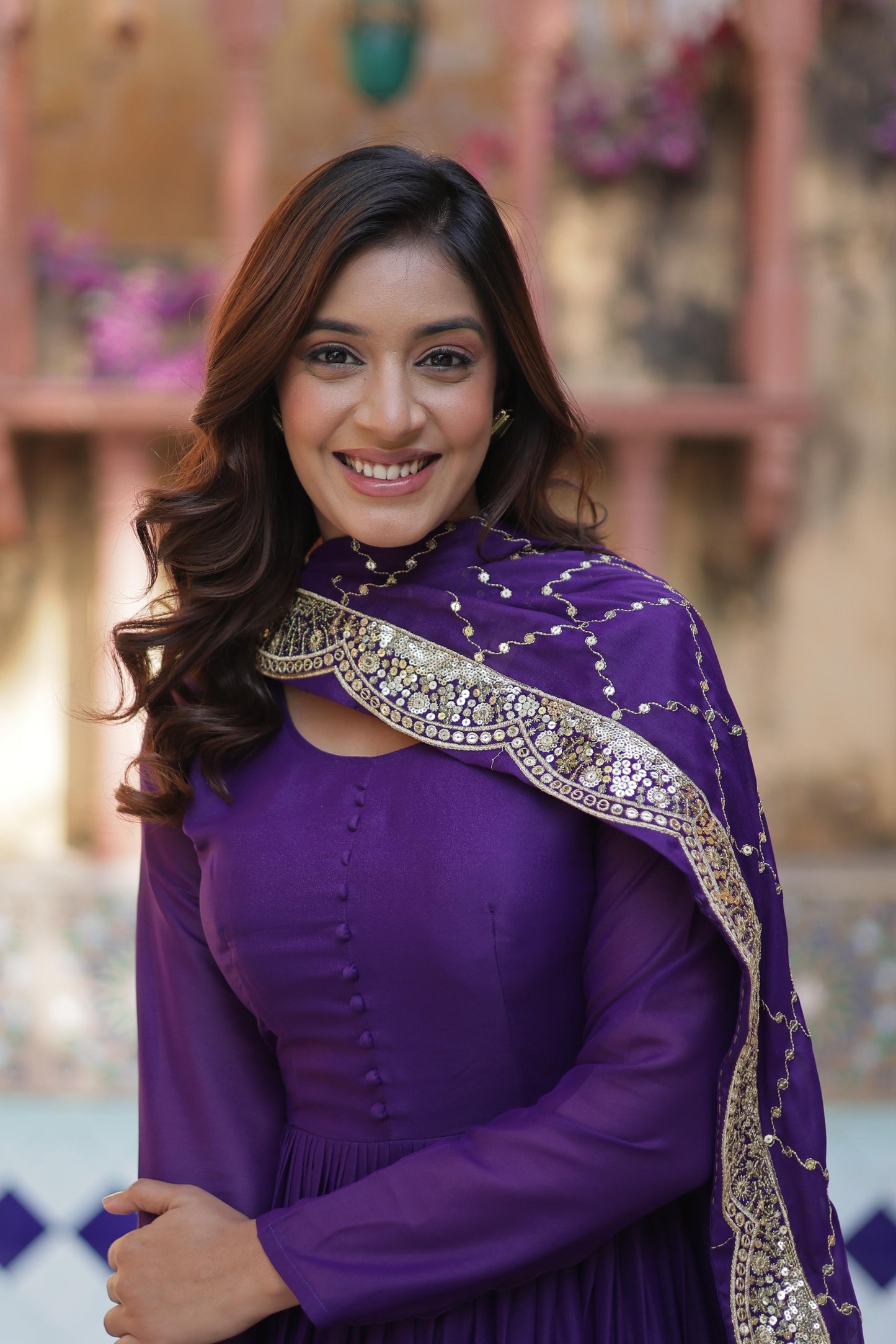 Sttuning 15 Mtr Flared Georgette Stitched Designer Ruffle Gown - INDIAN ELEGANCE