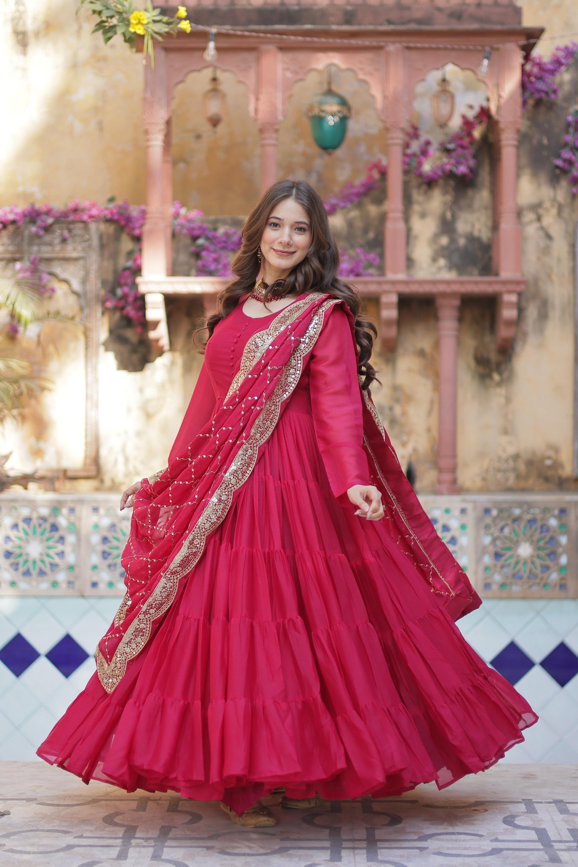 Sttuning 15 Mtr Flared Georgette Stitched Designer Ruffle Gown - INDIAN ELEGANCE