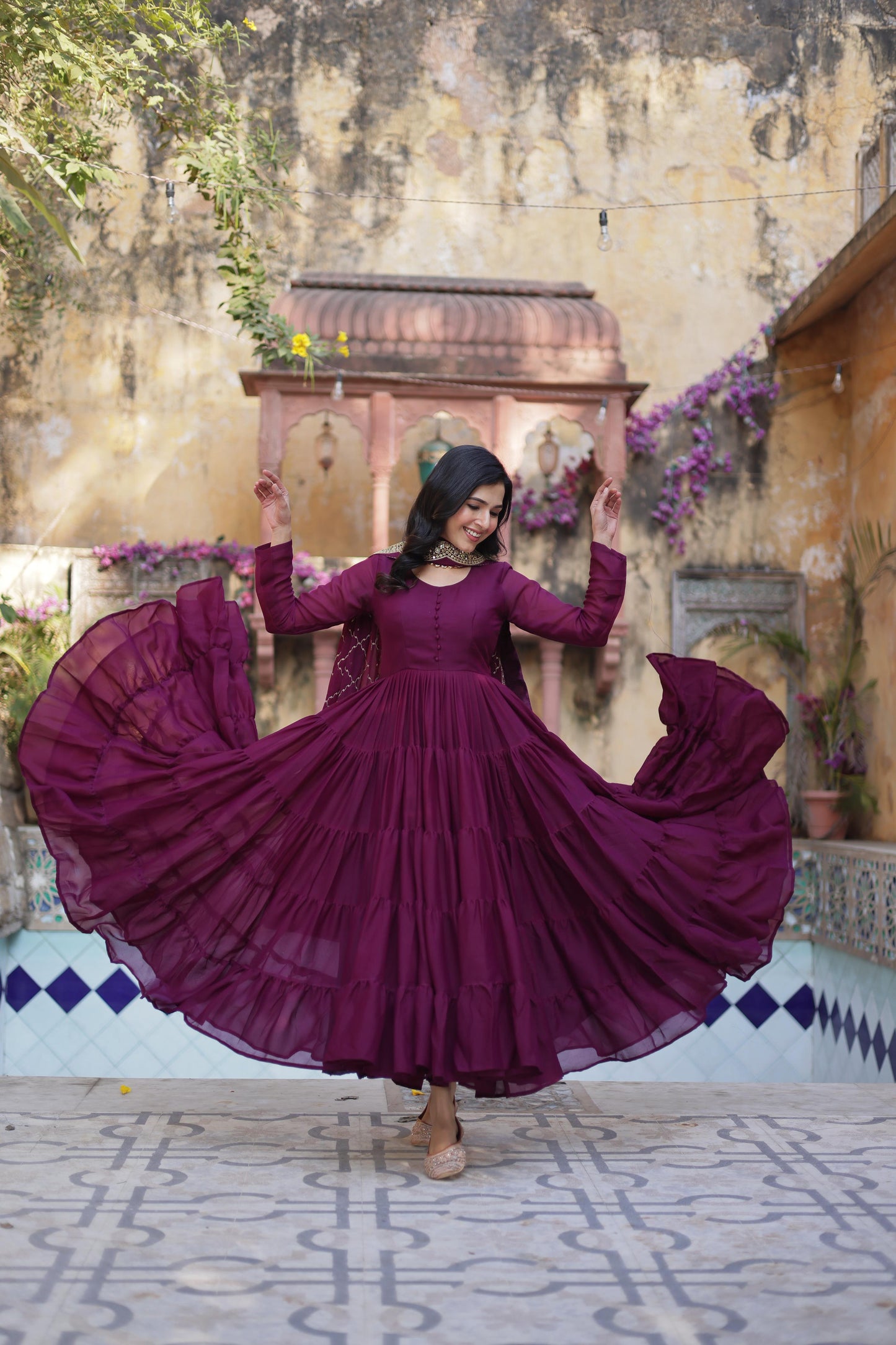 Sttuning 15 Mtr Flared Georgette Stitched Designer Ruffle Gown - INDIAN ELEGANCE