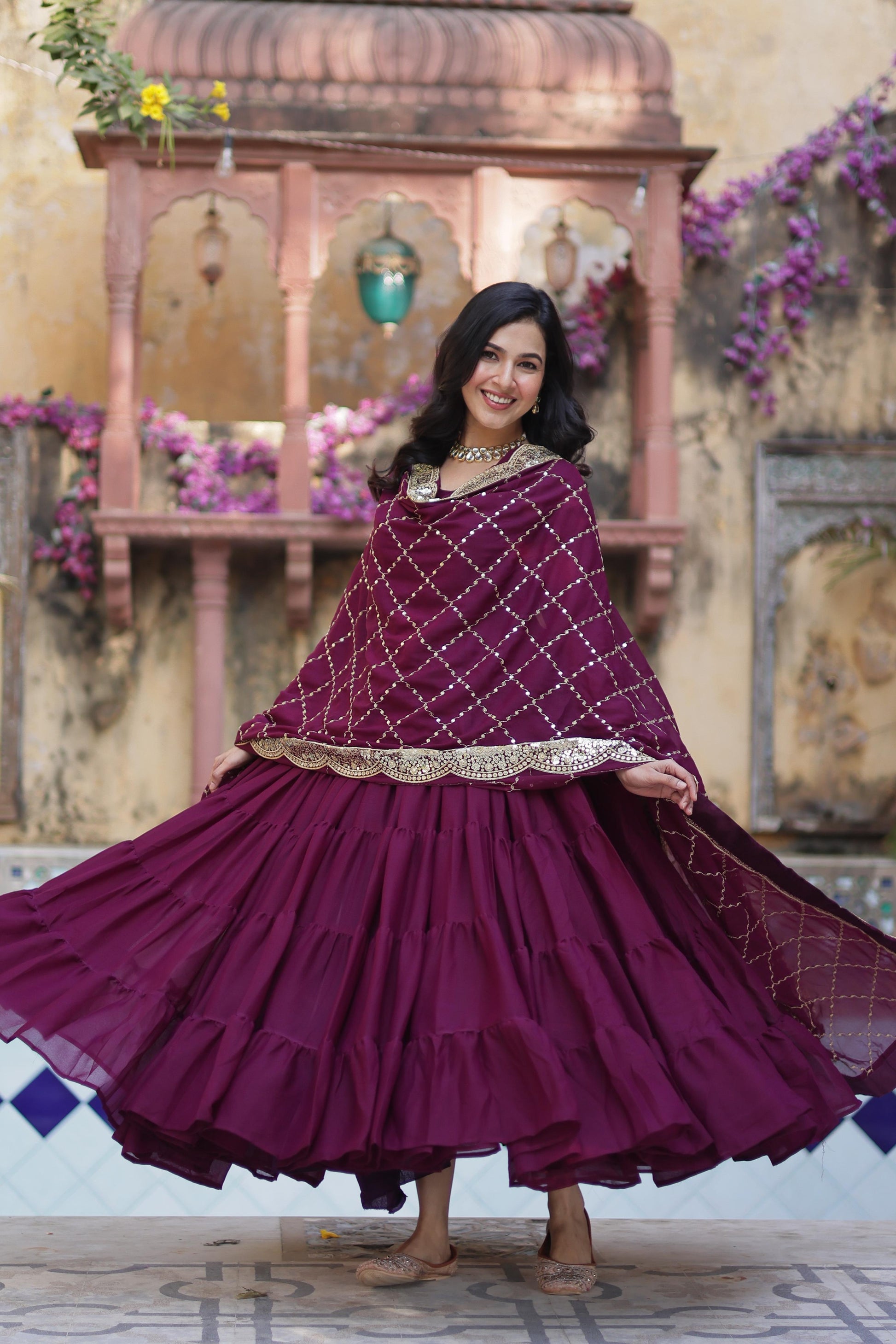 Sttuning 15 Mtr Flared Georgette Stitched Designer Ruffle Gown - INDIAN ELEGANCE