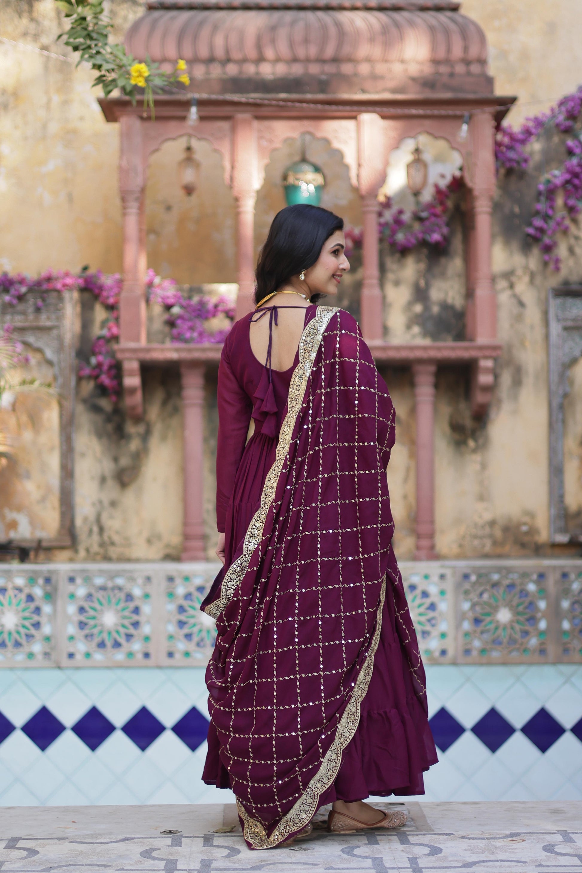 Sttuning 15 Mtr Flared Georgette Stitched Designer Ruffle Gown - INDIAN ELEGANCE