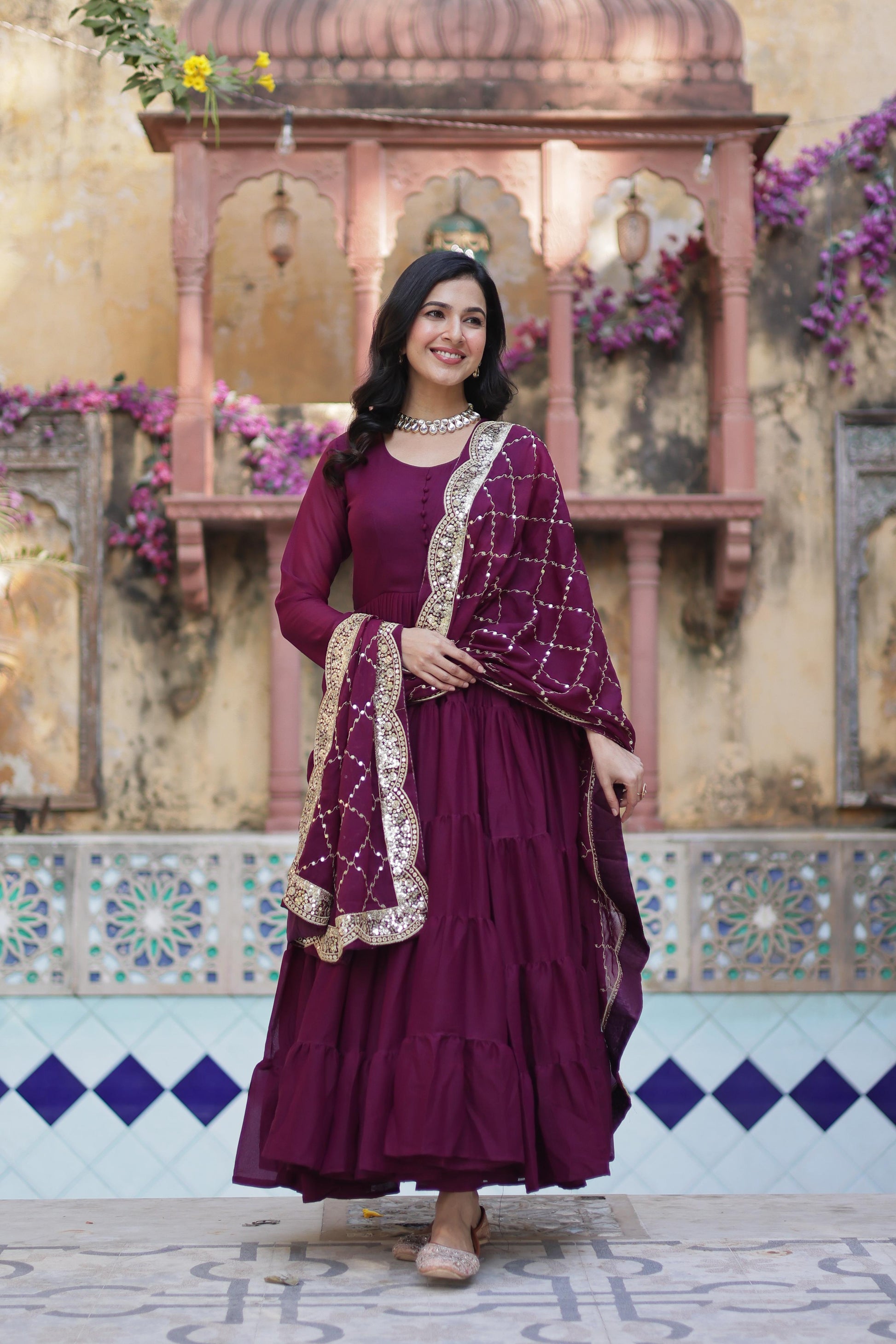 Sttuning 15 Mtr Flared Georgette Stitched Designer Ruffle Gown - INDIAN ELEGANCE