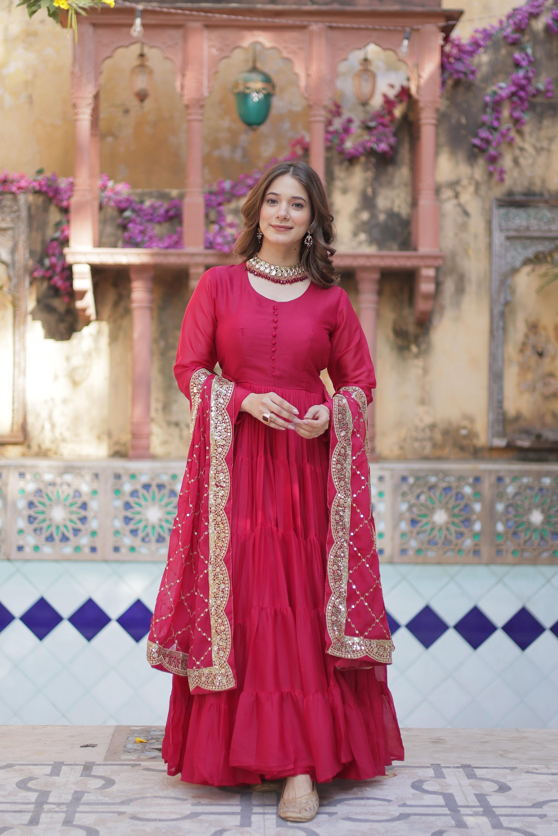 Sttuning 15 Mtr Flared Georgette Stitched Designer Ruffle Gown - INDIAN ELEGANCE