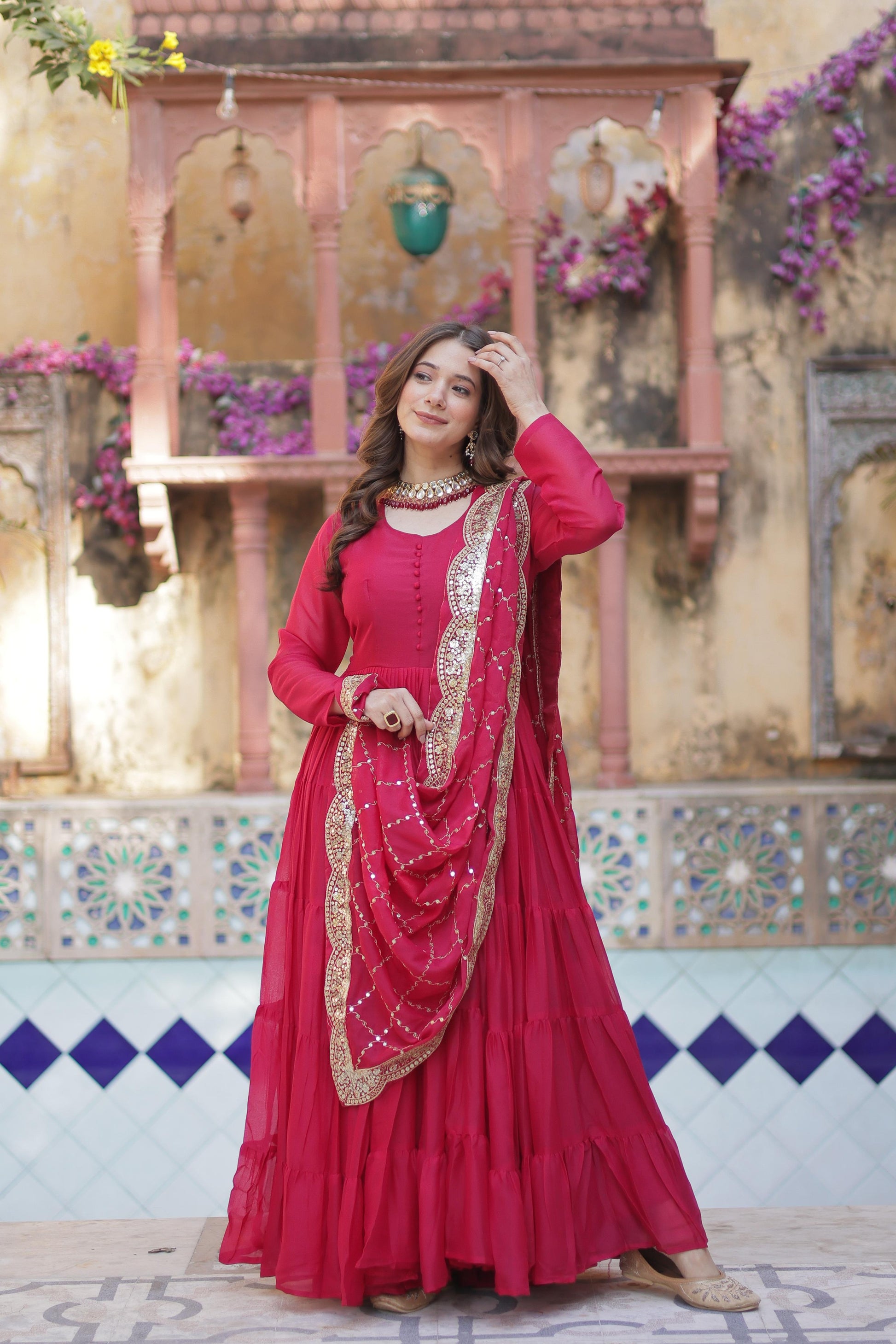 Sttuning 15 Mtr Flared Georgette Stitched Designer Ruffle Gown - INDIAN ELEGANCE