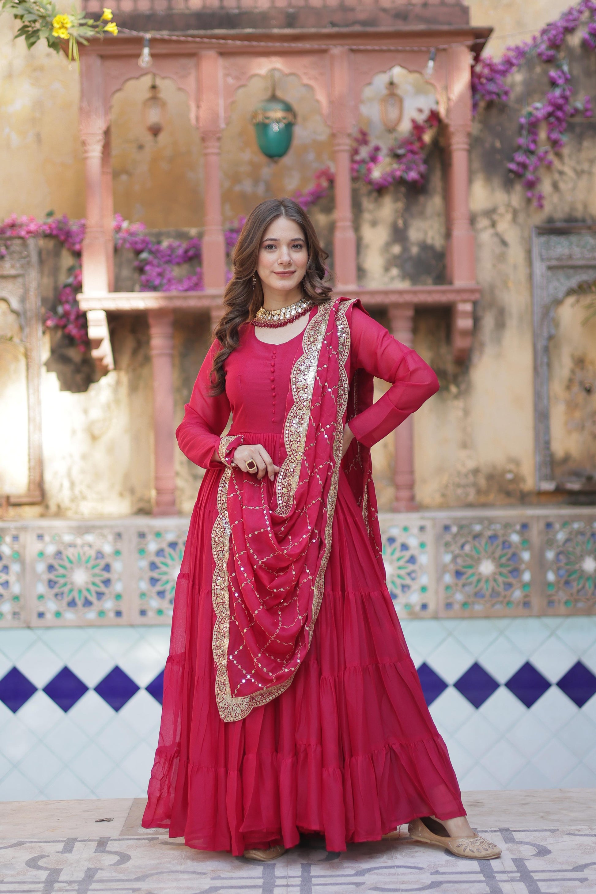 Sttuning 15 Mtr Flared Georgette Stitched Designer Ruffle Gown - INDIAN ELEGANCE
