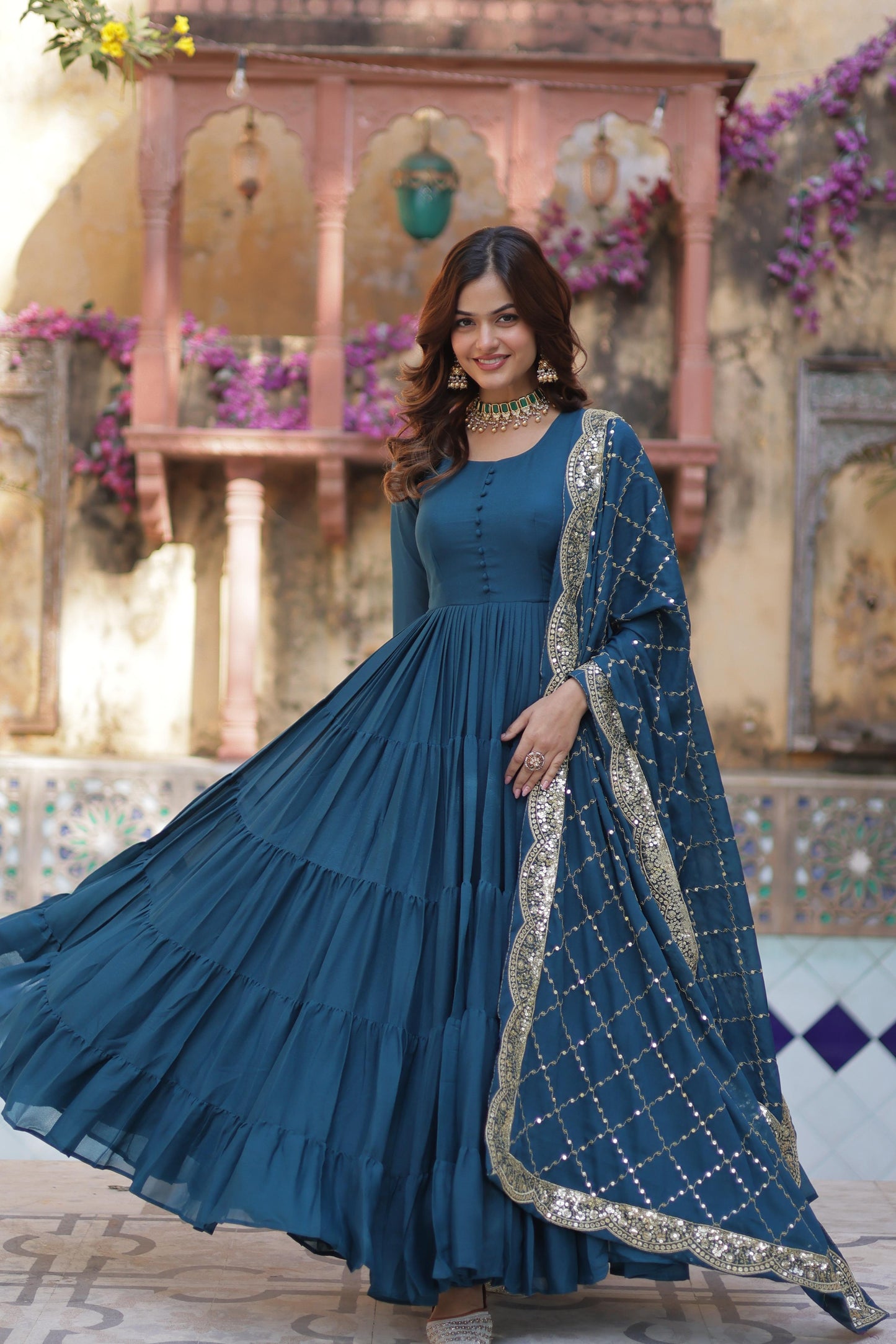 Sttuning 15 Mtr Flared Georgette Stitched Designer Ruffle Gown - INDIAN ELEGANCE