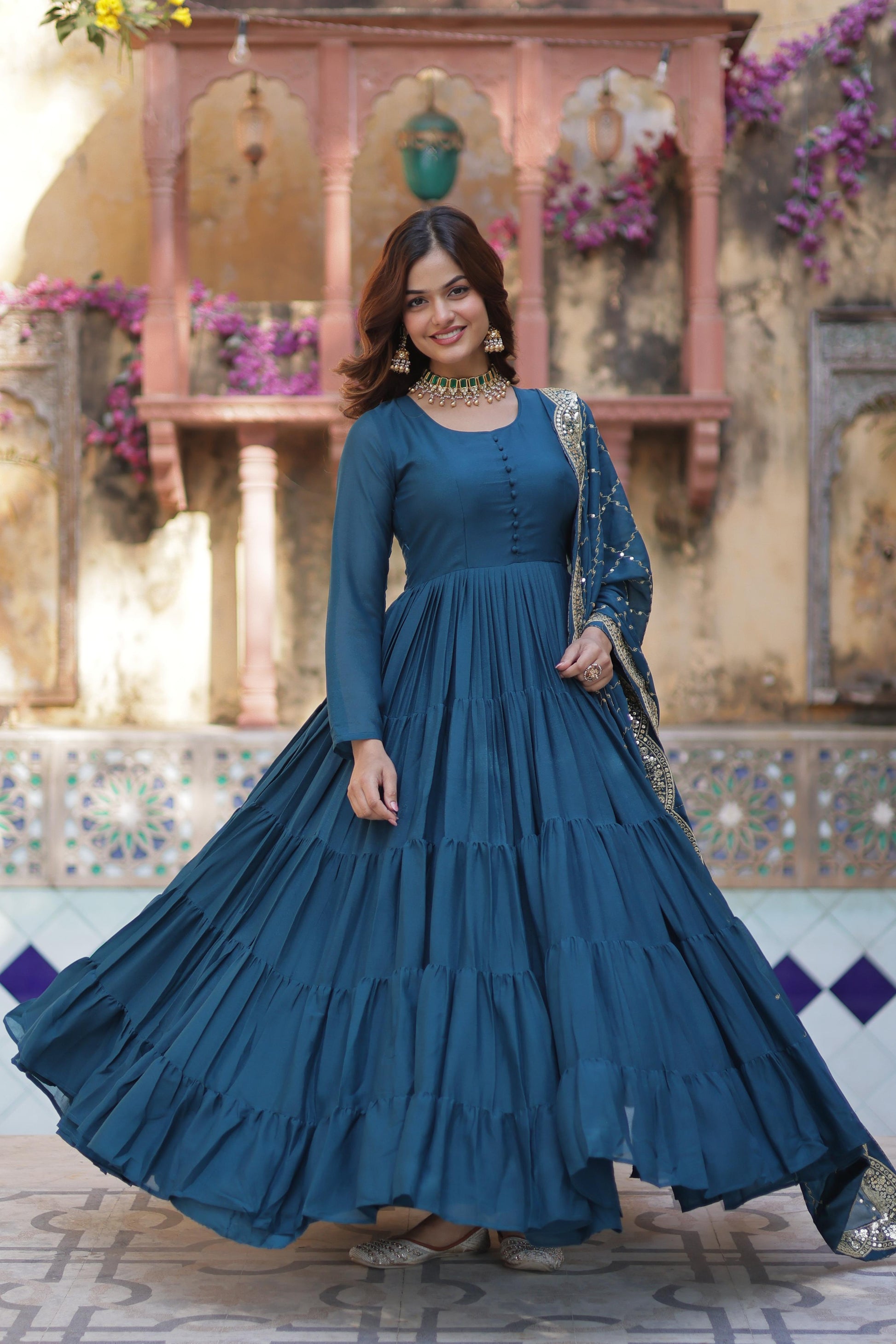 Sttuning 15 Mtr Flared Georgette Stitched Designer Ruffle Gown - INDIAN ELEGANCE