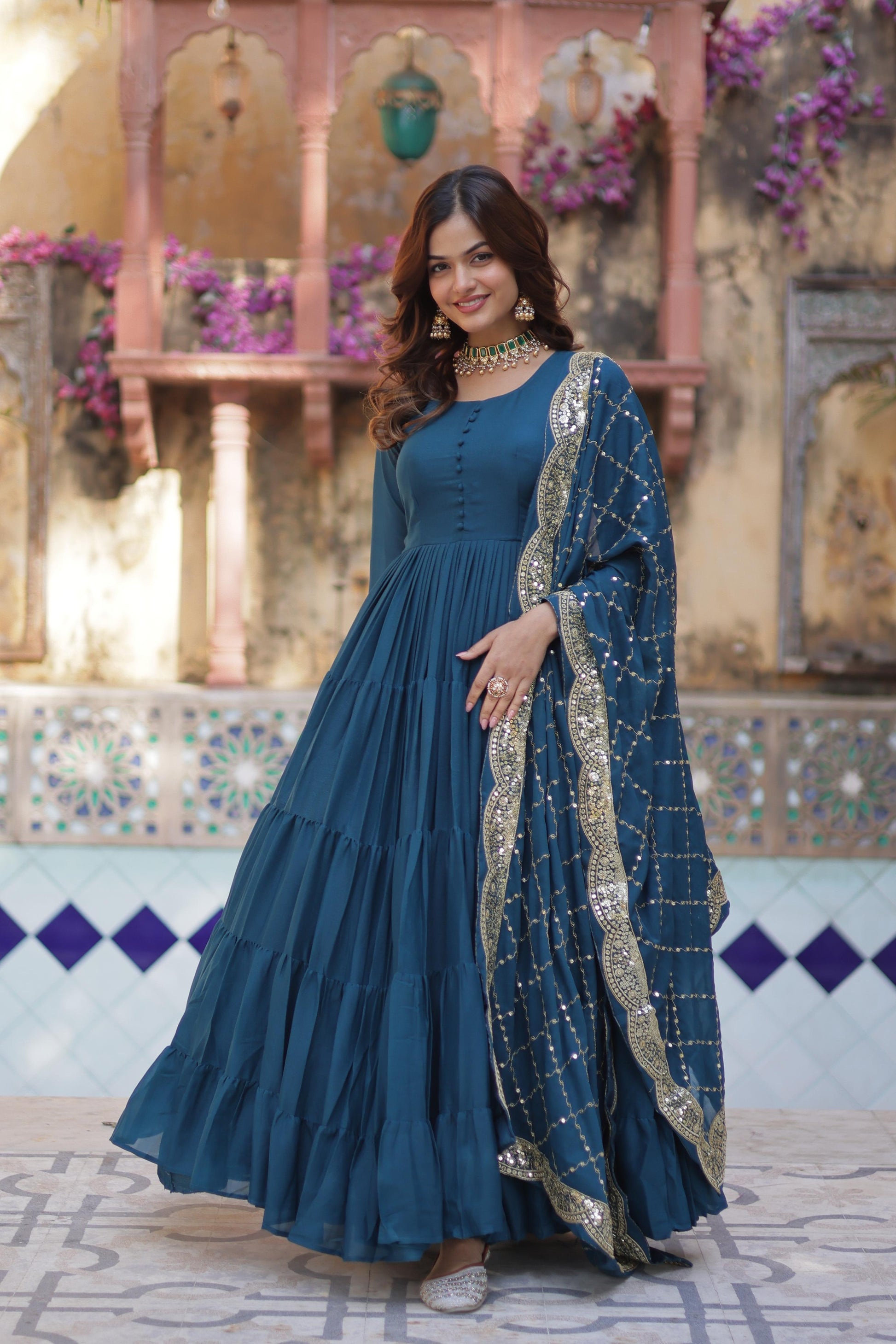 Sttuning 15 Mtr Flared Georgette Stitched Designer Ruffle Gown - INDIAN ELEGANCE