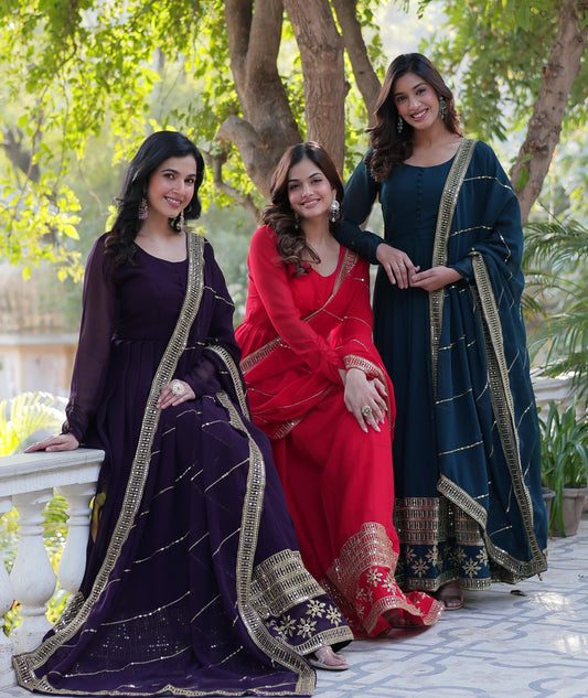 Spellbinding Faux Georgette Multi Sequins Thread Worked Gown - INDIAN ELEGANCE