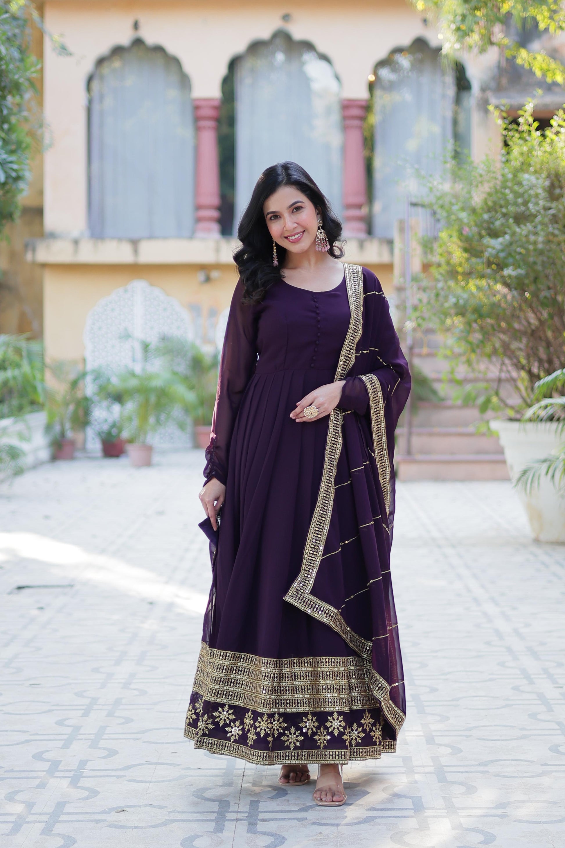 Spellbinding Faux Georgette Multi Sequins Thread Worked Gown - INDIAN ELEGANCE