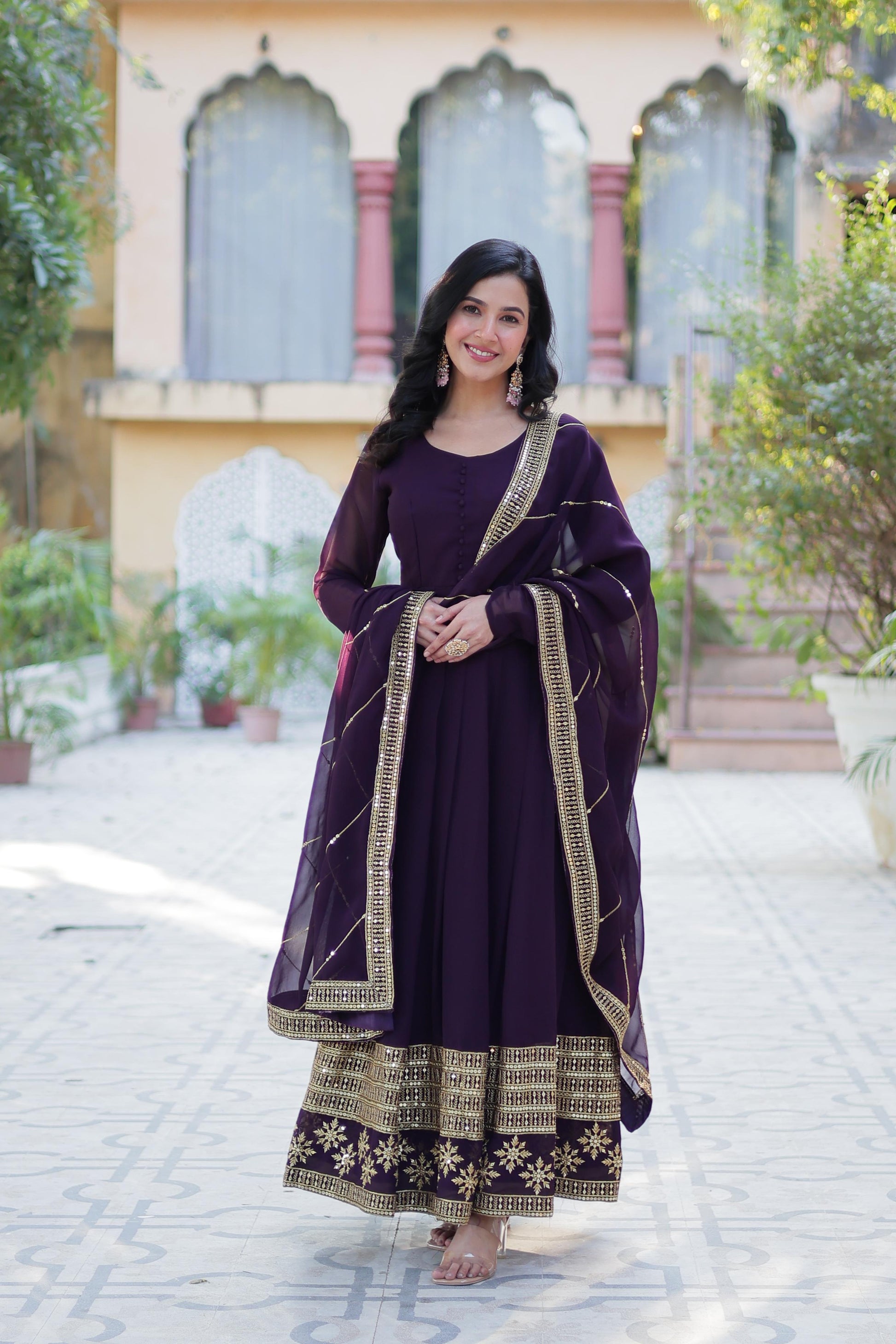 Spellbinding Faux Georgette Multi Sequins Thread Worked Gown - INDIAN ELEGANCE