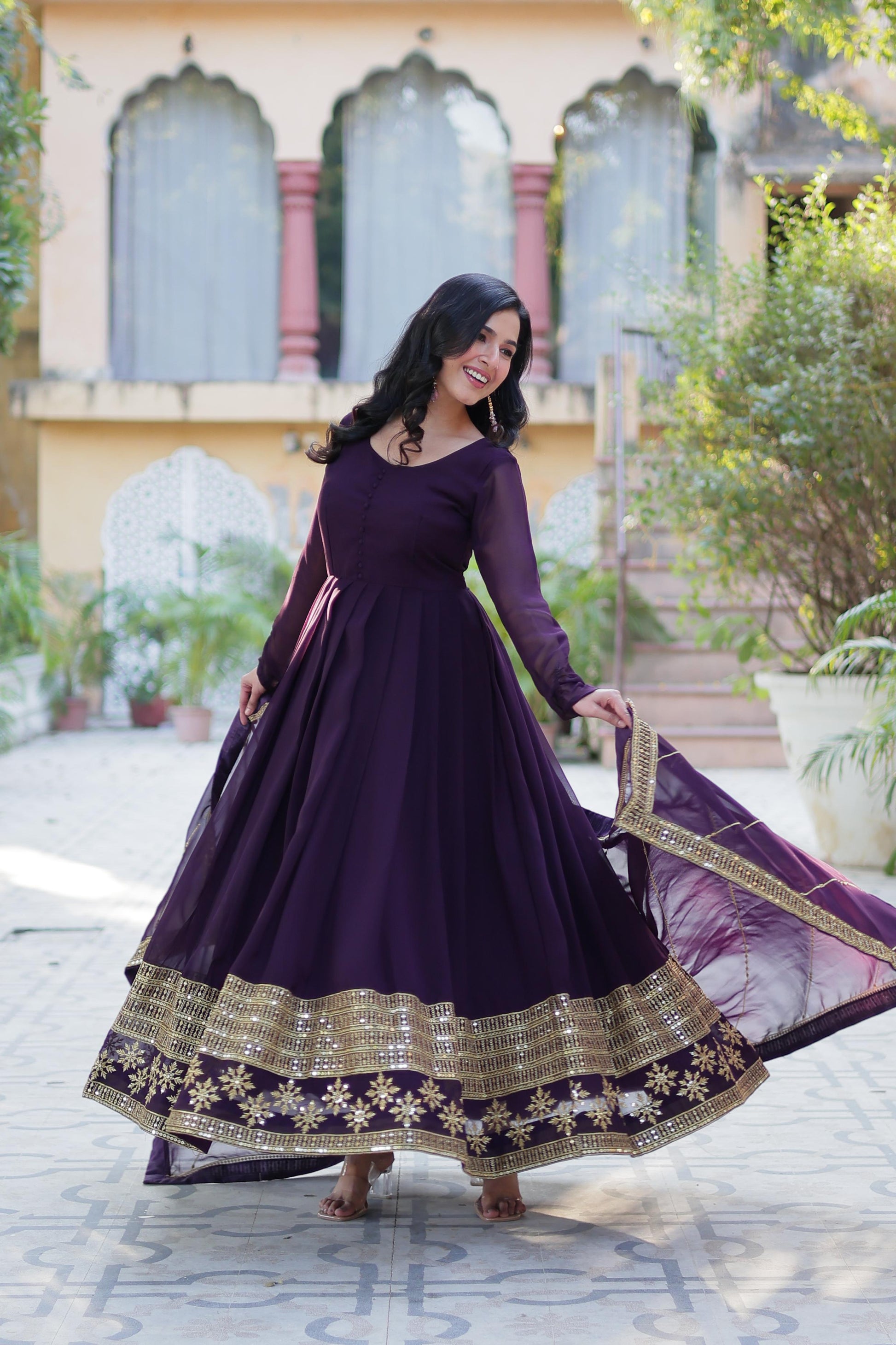 Spellbinding Faux Georgette Multi Sequins Thread Worked Gown - INDIAN ELEGANCE