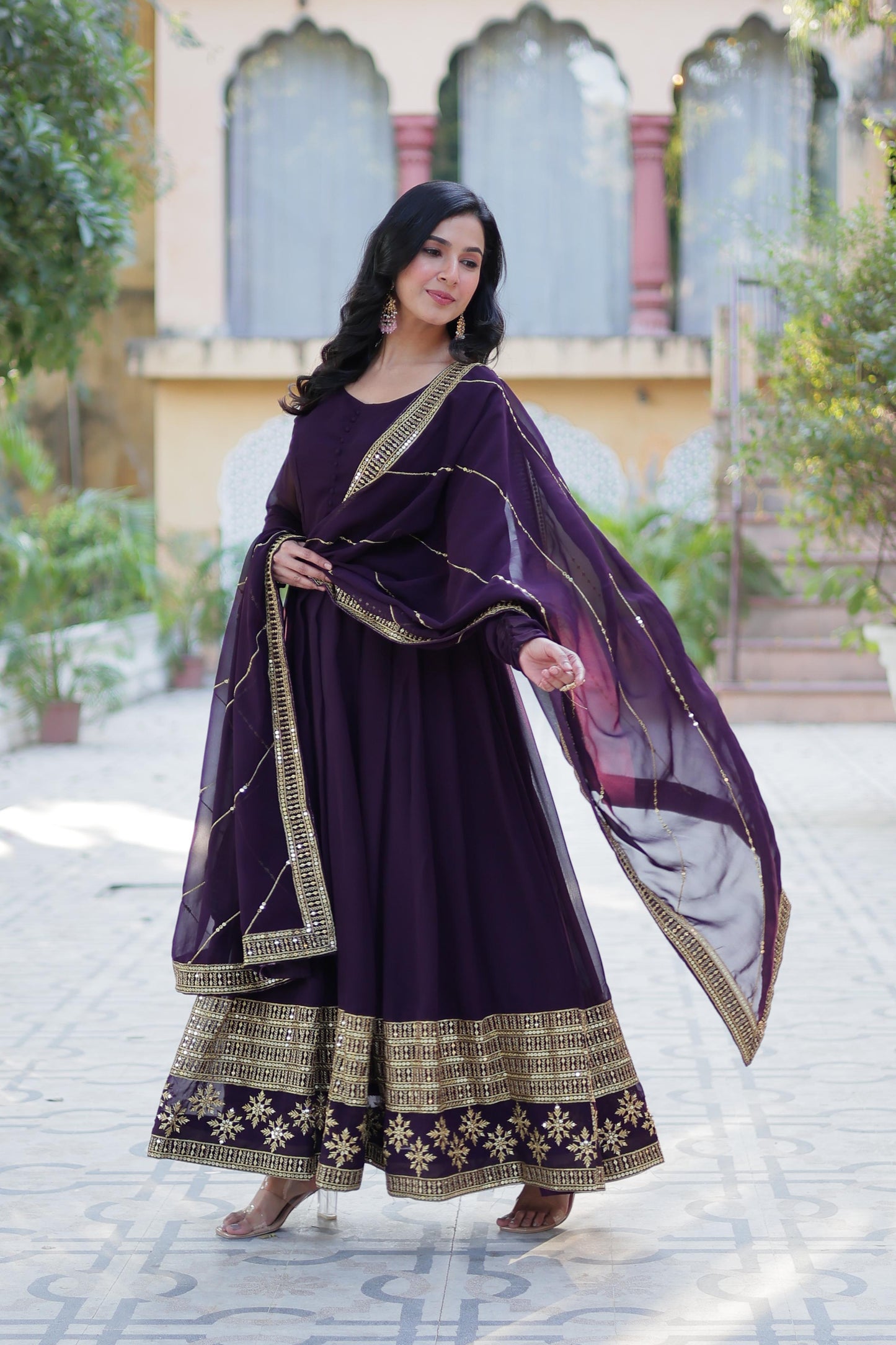Spellbinding Faux Georgette Multi Sequins Thread Worked Gown - INDIAN ELEGANCE