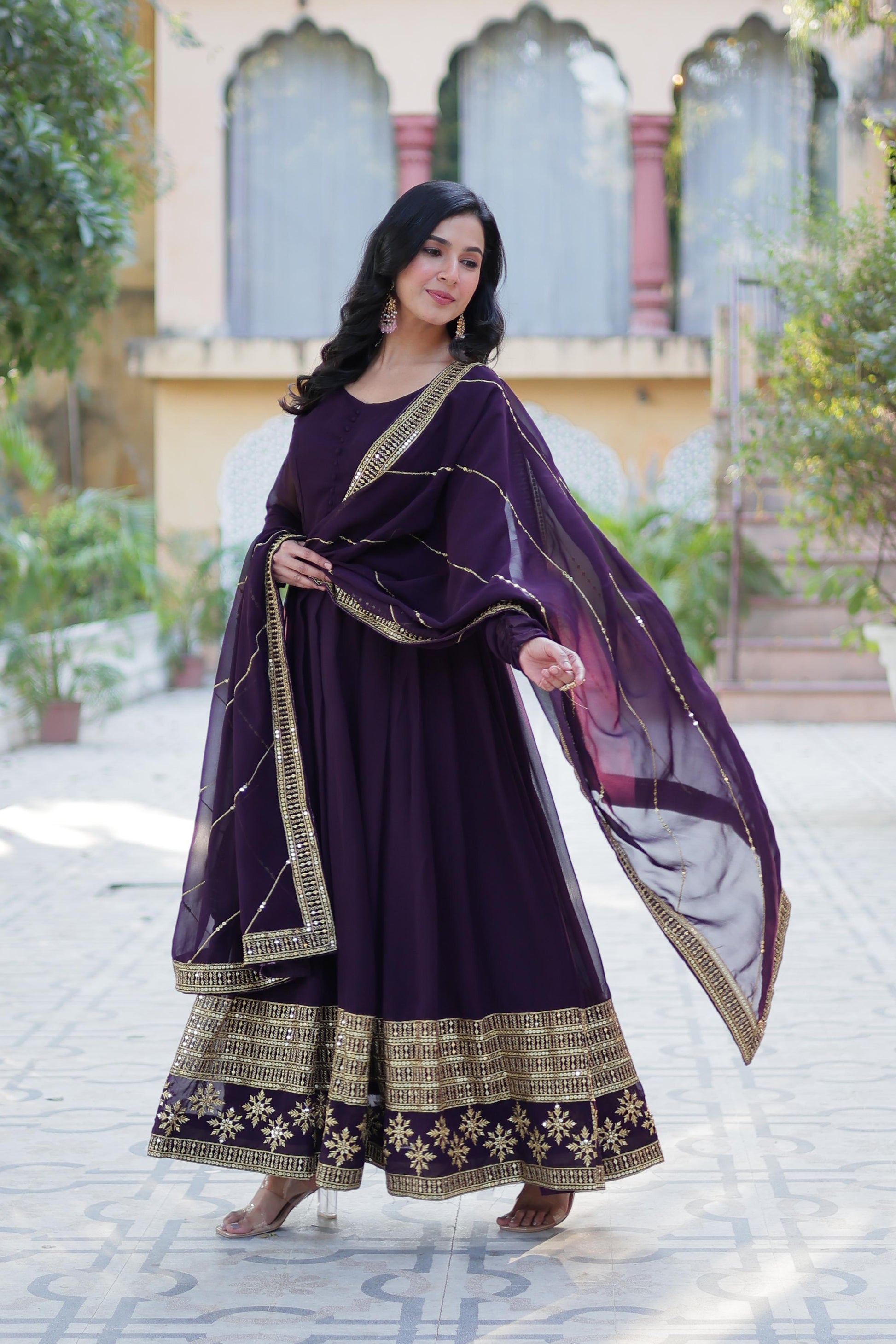 Spellbinding Faux Georgette Multi Sequins Thread Worked Gown - INDIAN ELEGANCE