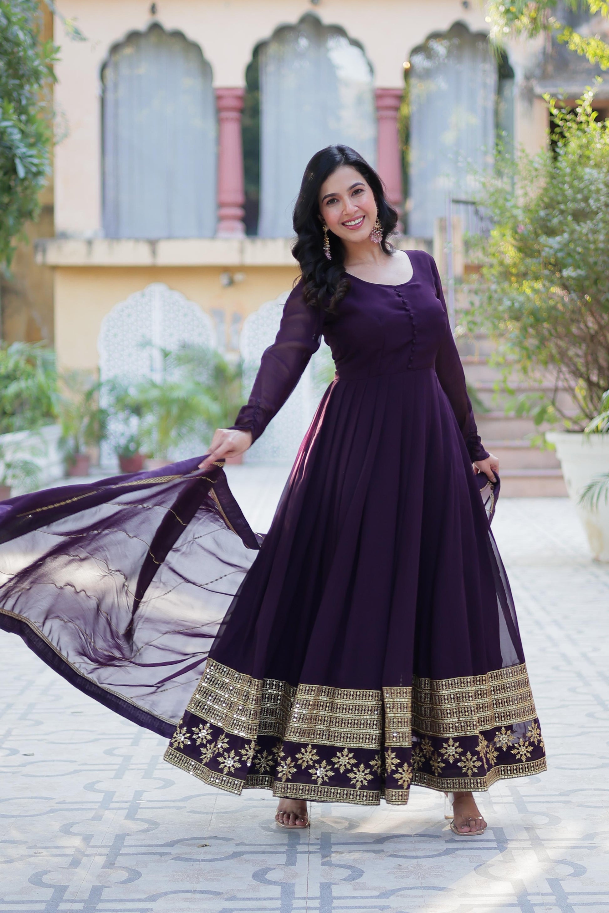 Spellbinding Faux Georgette Multi Sequins Thread Worked Gown - INDIAN ELEGANCE