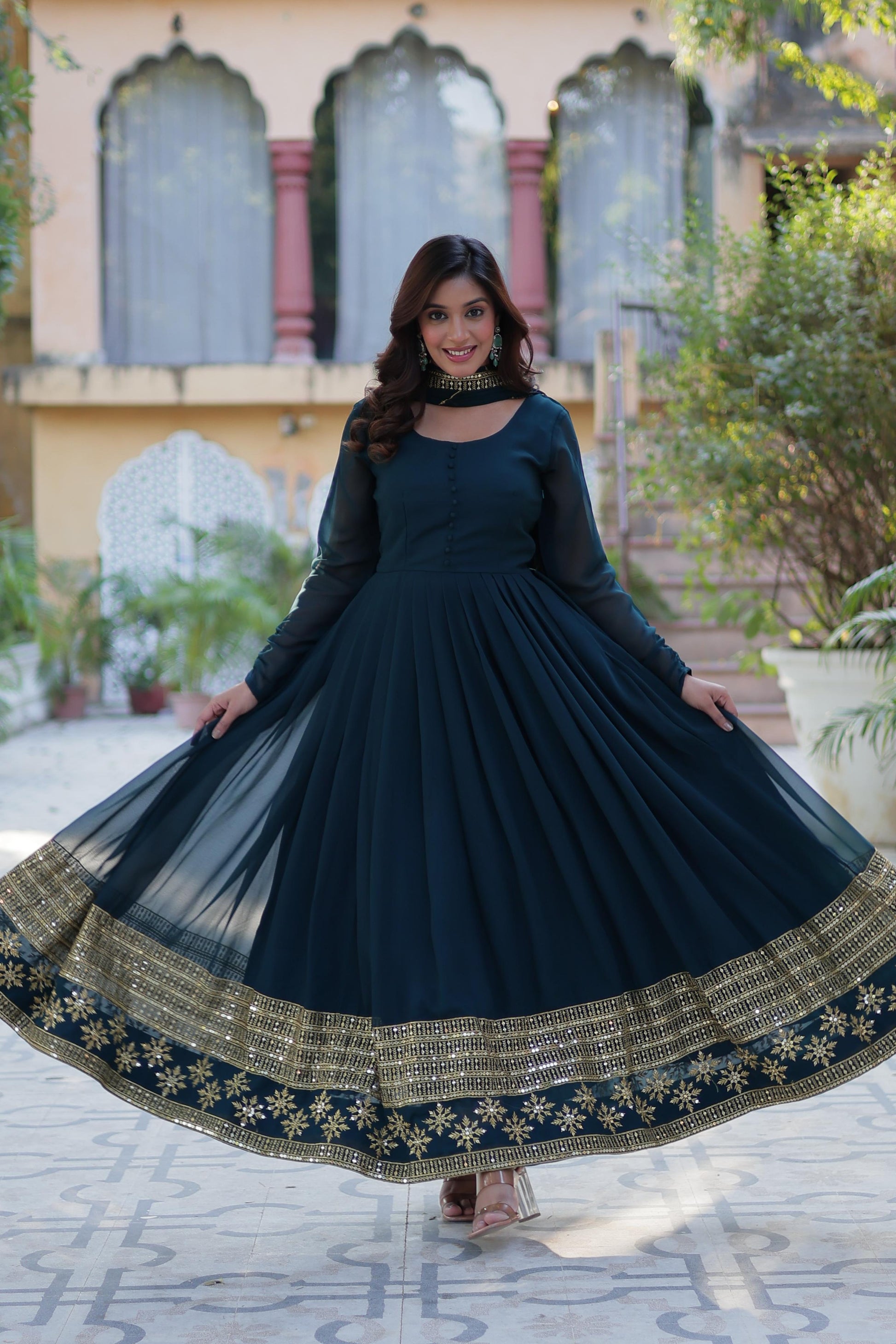 Spellbinding Faux Georgette Multi Sequins Thread Worked Gown - INDIAN ELEGANCE