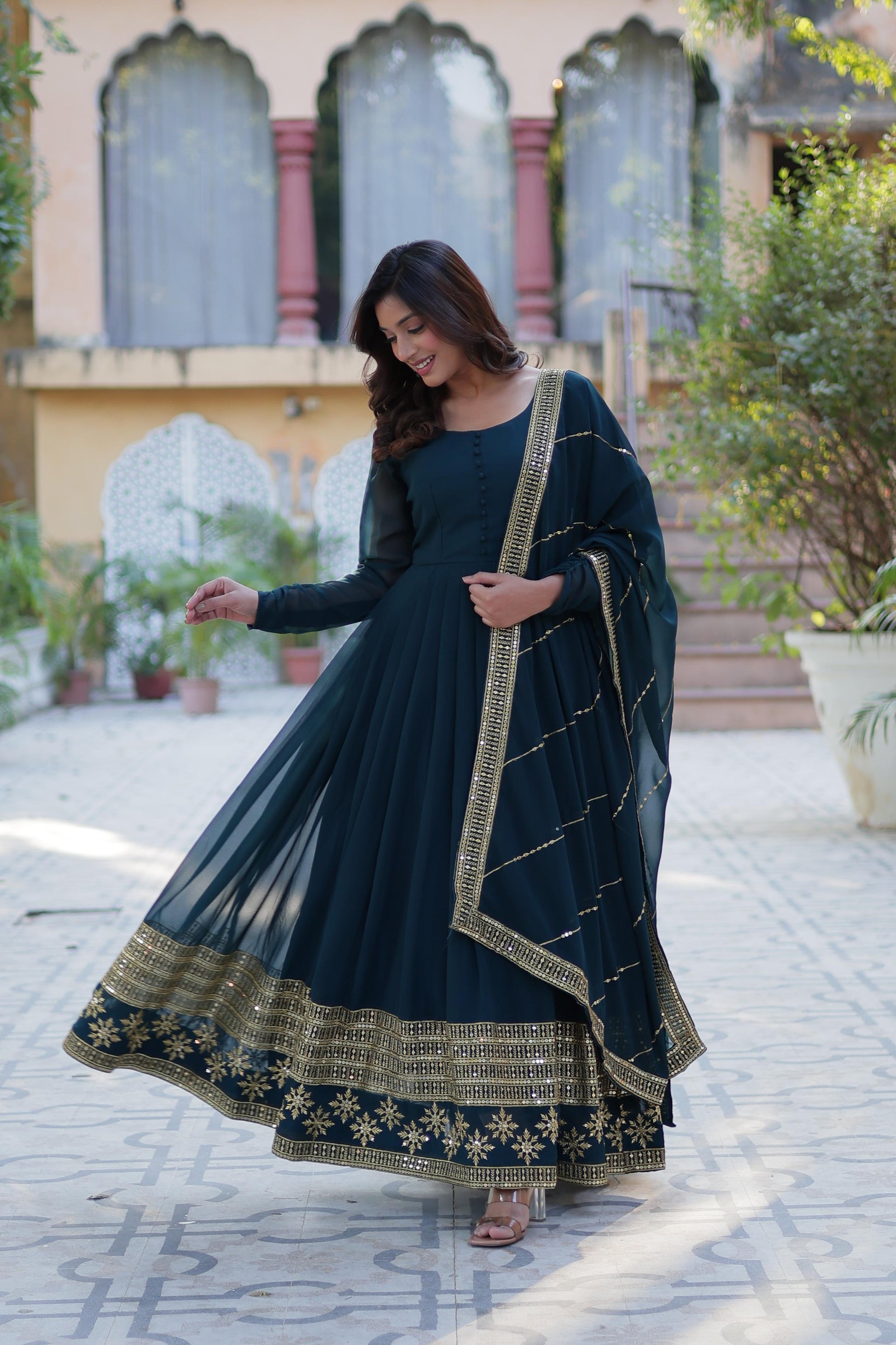 Spellbinding Faux Georgette Multi Sequins Thread Worked Gown - INDIAN ELEGANCE