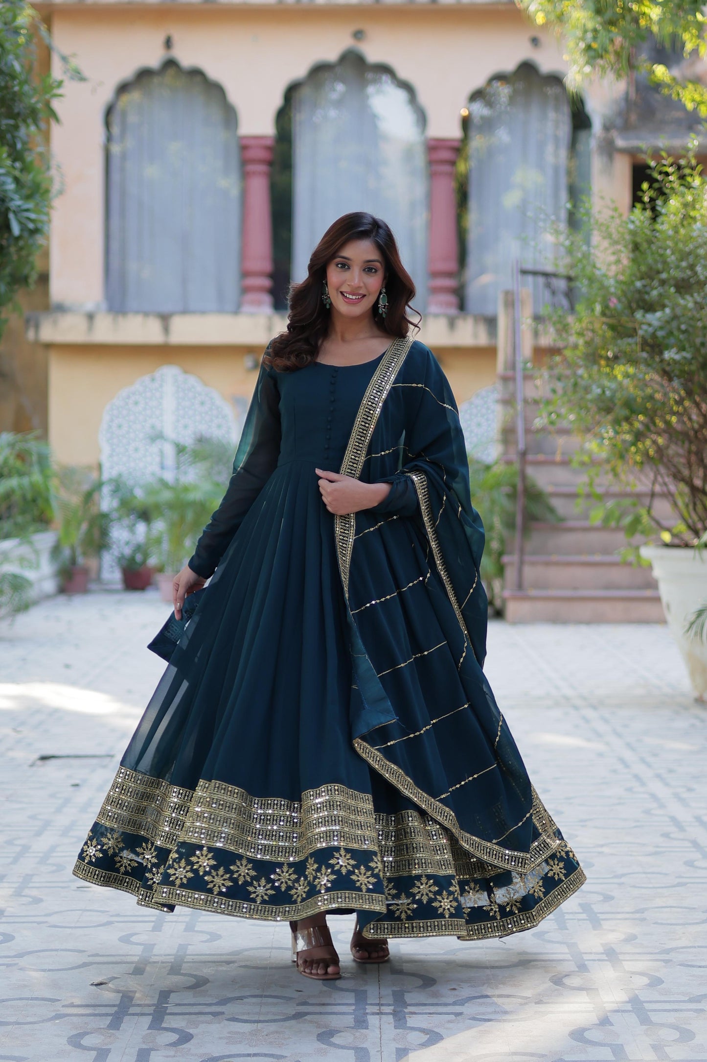 Spellbinding Faux Georgette Multi Sequins Thread Worked Gown - INDIAN ELEGANCE