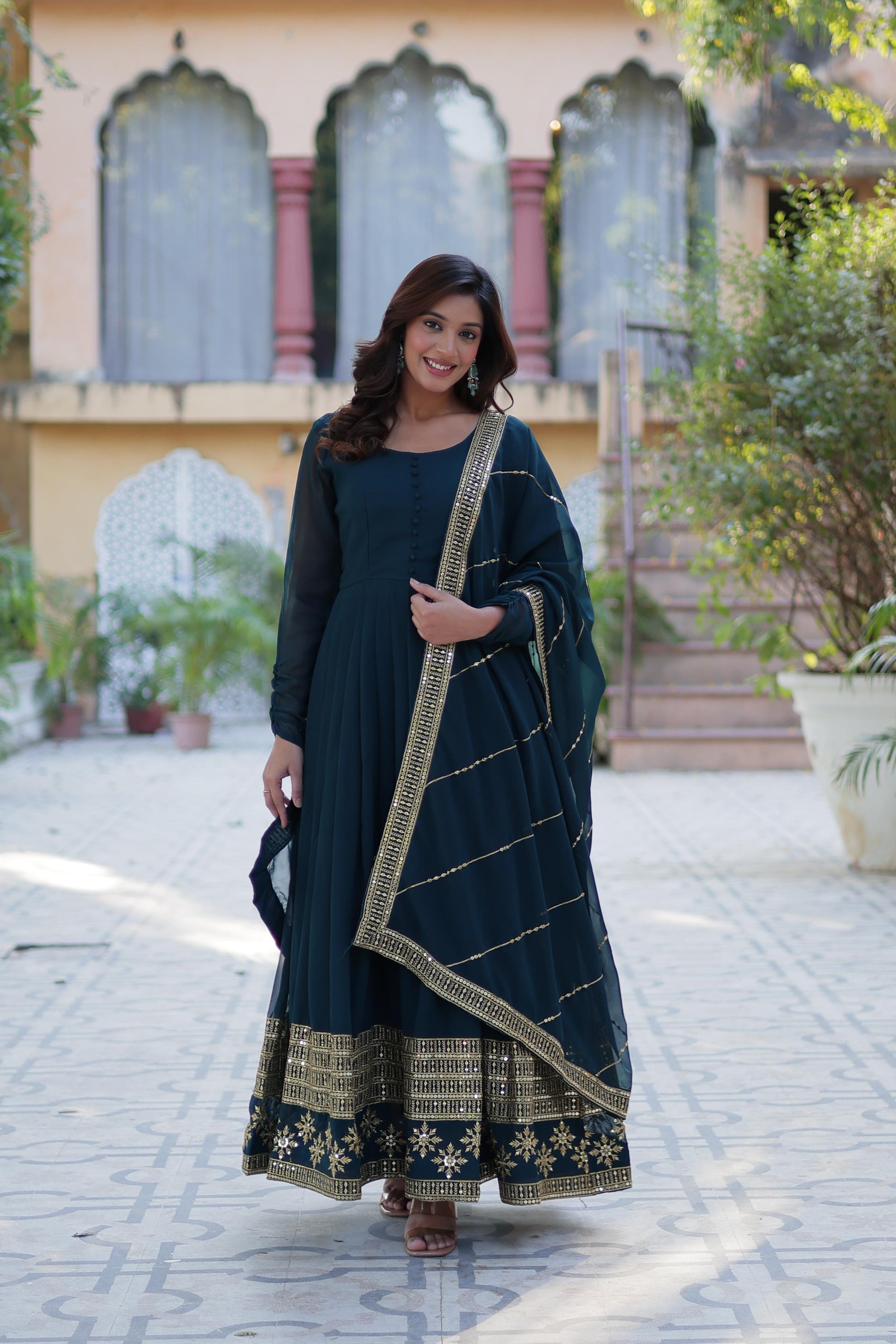Spellbinding Faux Georgette Multi Sequins Thread Worked Gown - INDIAN ELEGANCE