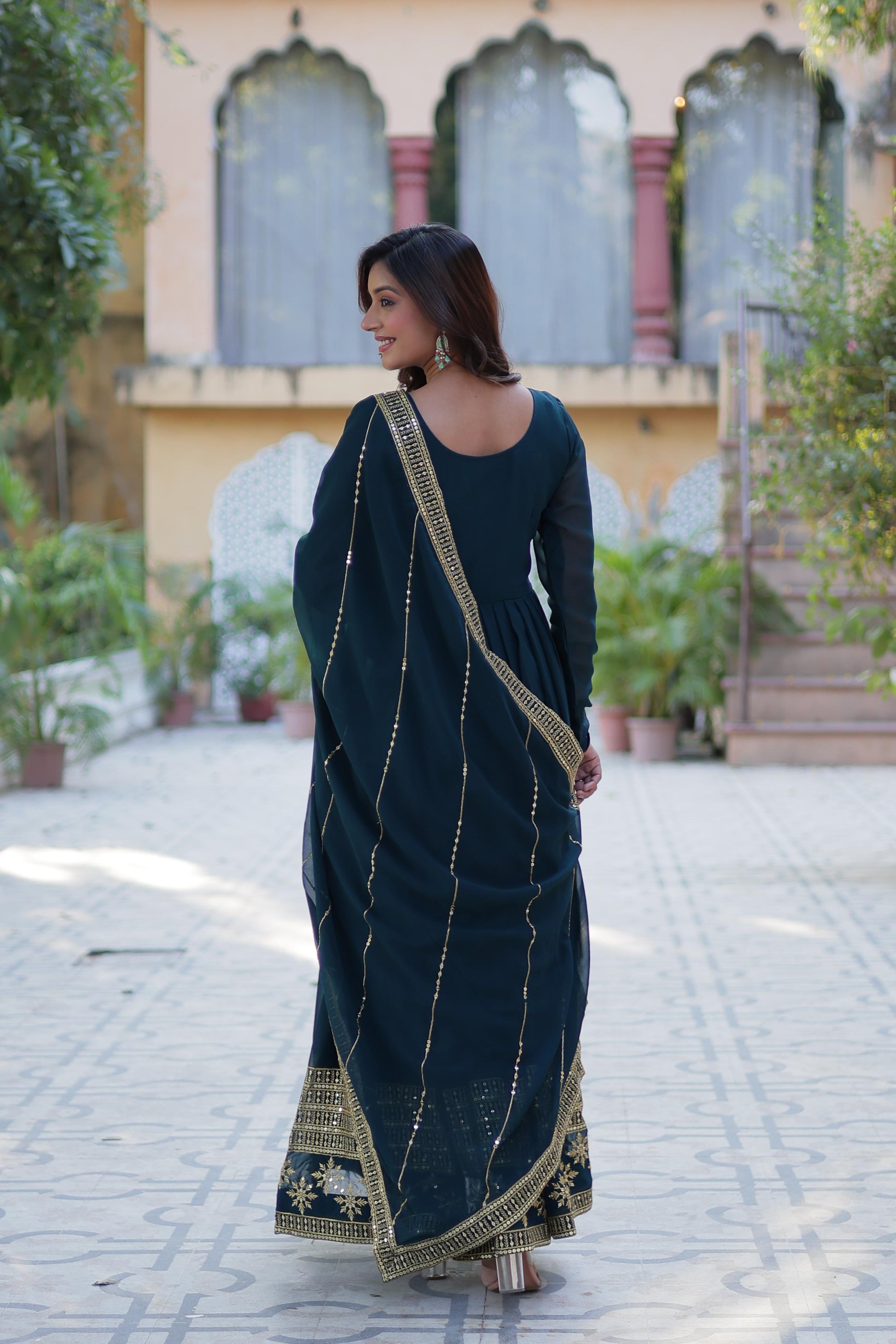 Spellbinding Faux Georgette Multi Sequins Thread Worked Gown - INDIAN ELEGANCE