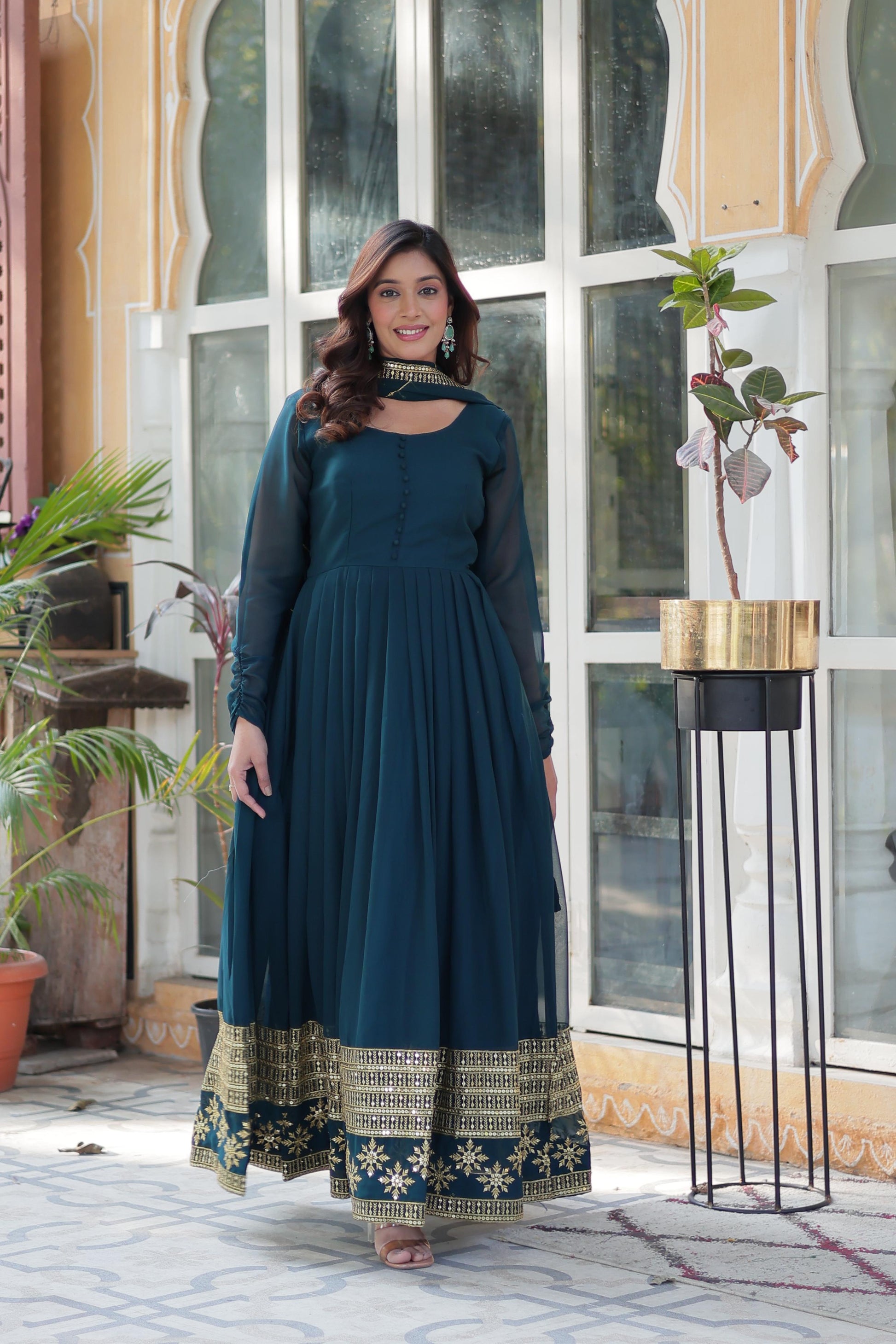 Spellbinding Faux Georgette Multi Sequins Thread Worked Gown - INDIAN ELEGANCE
