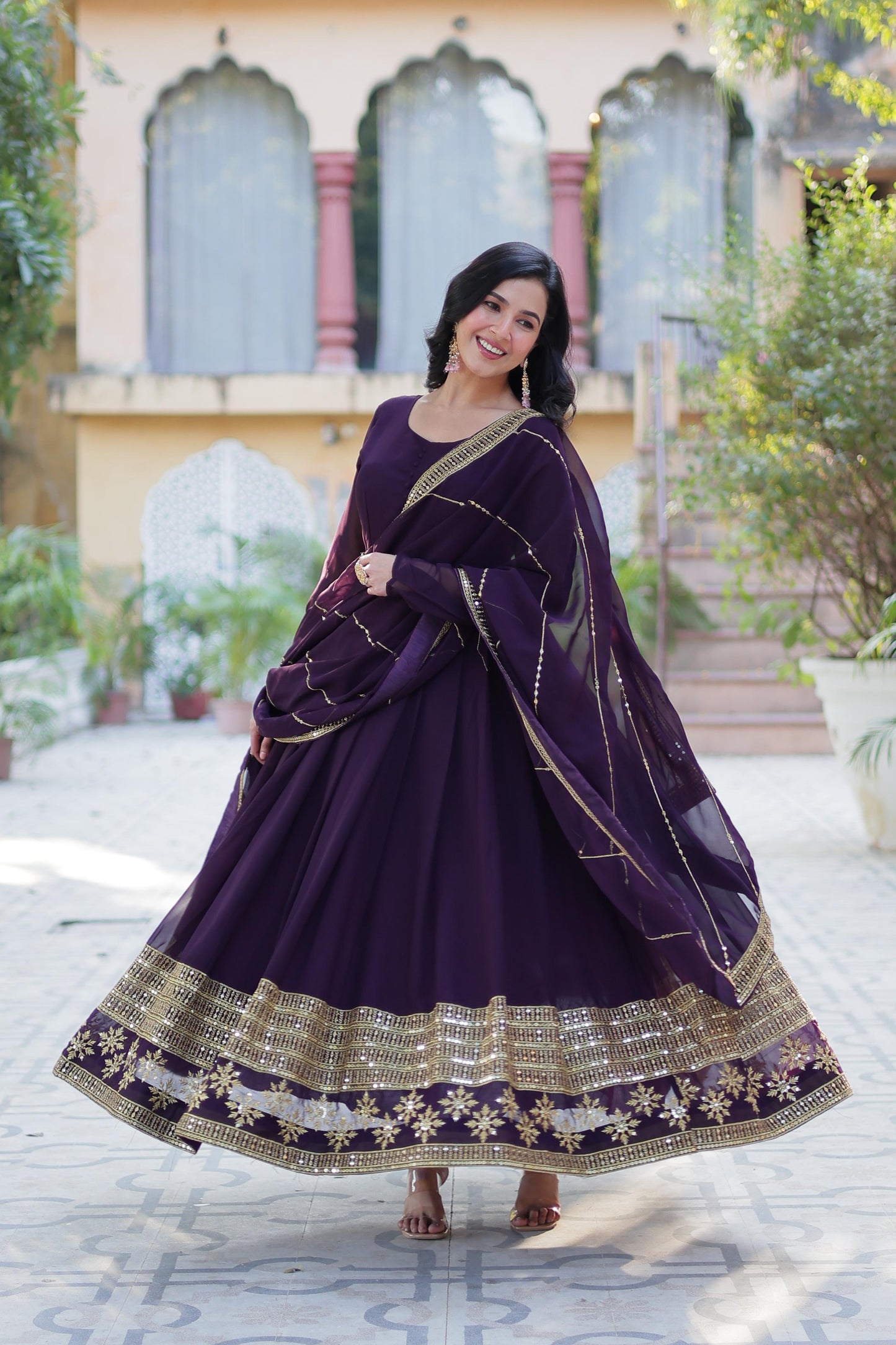 Spellbinding Faux Georgette Multi Sequins Thread Worked Gown - INDIAN ELEGANCE