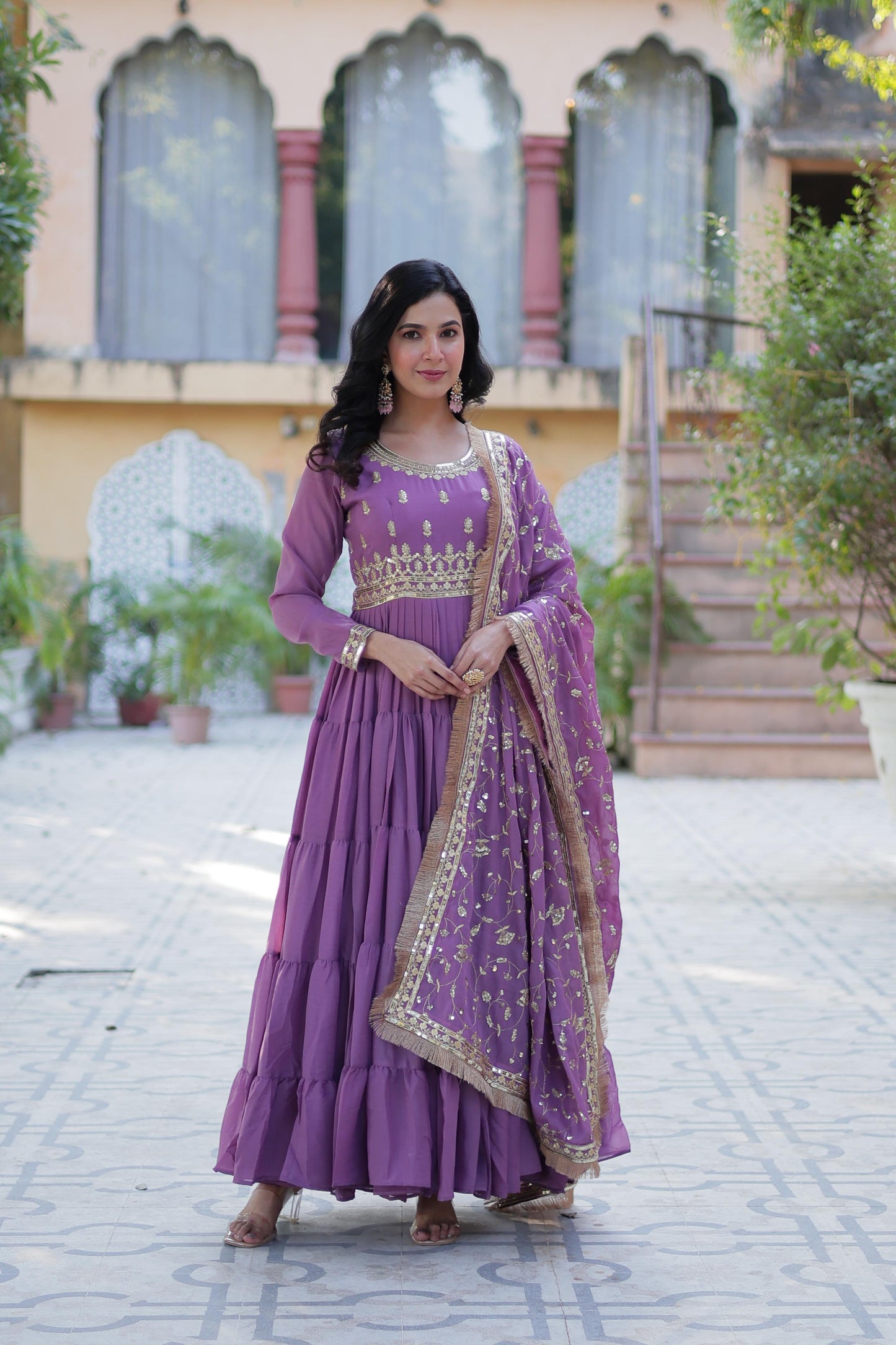 Spellbinding Georgette Ruffle Sequins Embroidered Gown With Dupatta - INDIAN ELEGANCE