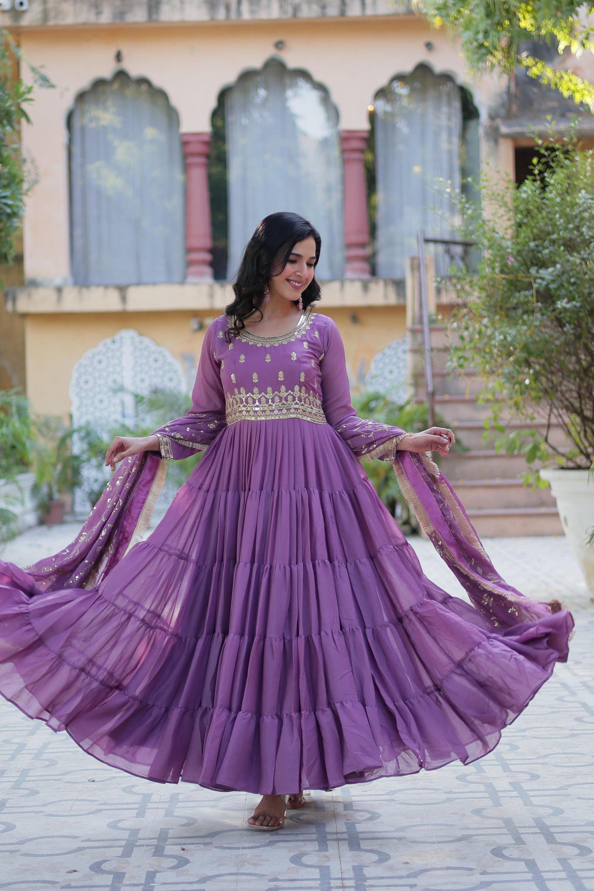 Spellbinding Georgette Ruffle Sequins Embroidered Gown With Dupatta - INDIAN ELEGANCE