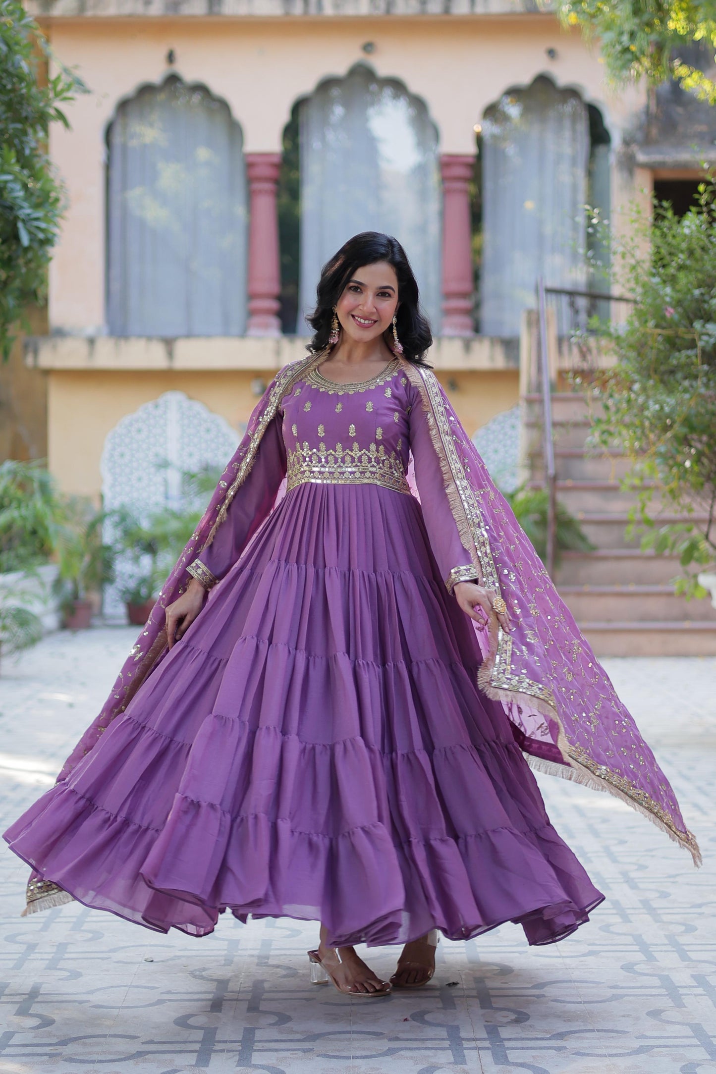 Spellbinding Georgette Ruffle Sequins Embroidered Gown With Dupatta - INDIAN ELEGANCE