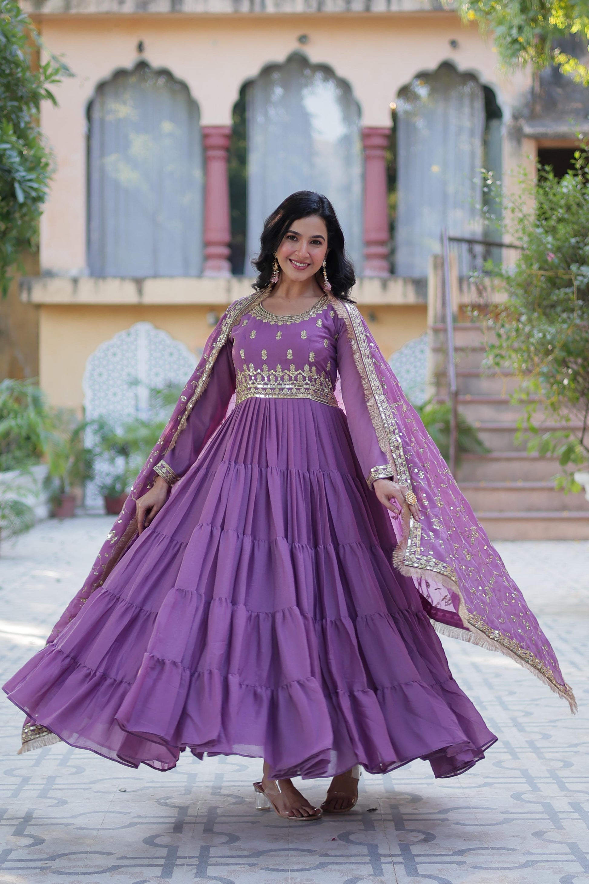 Spellbinding Georgette Ruffle Sequins Embroidered Gown With Dupatta - INDIAN ELEGANCE