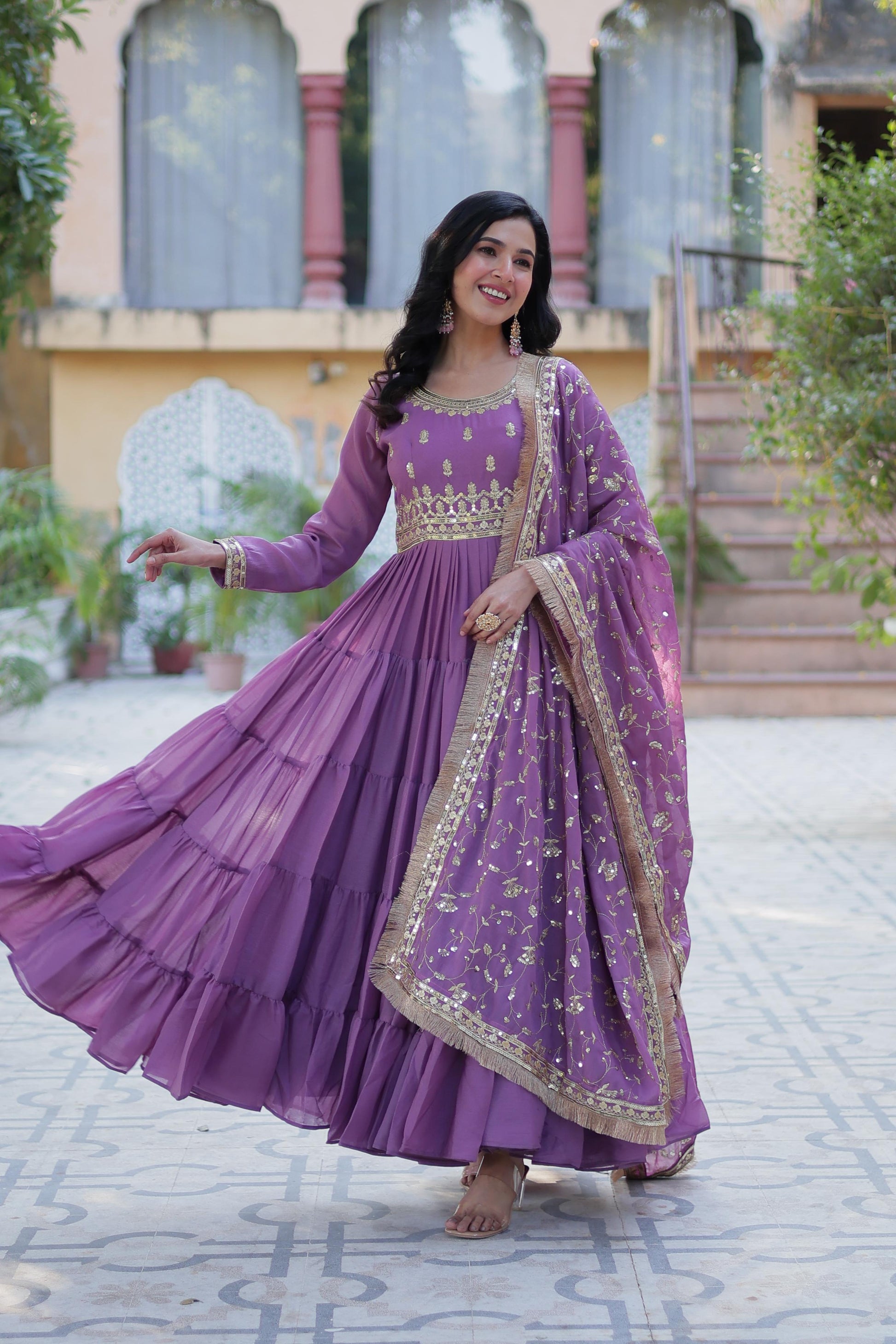 Spellbinding Georgette Ruffle Sequins Embroidered Gown With Dupatta - INDIAN ELEGANCE