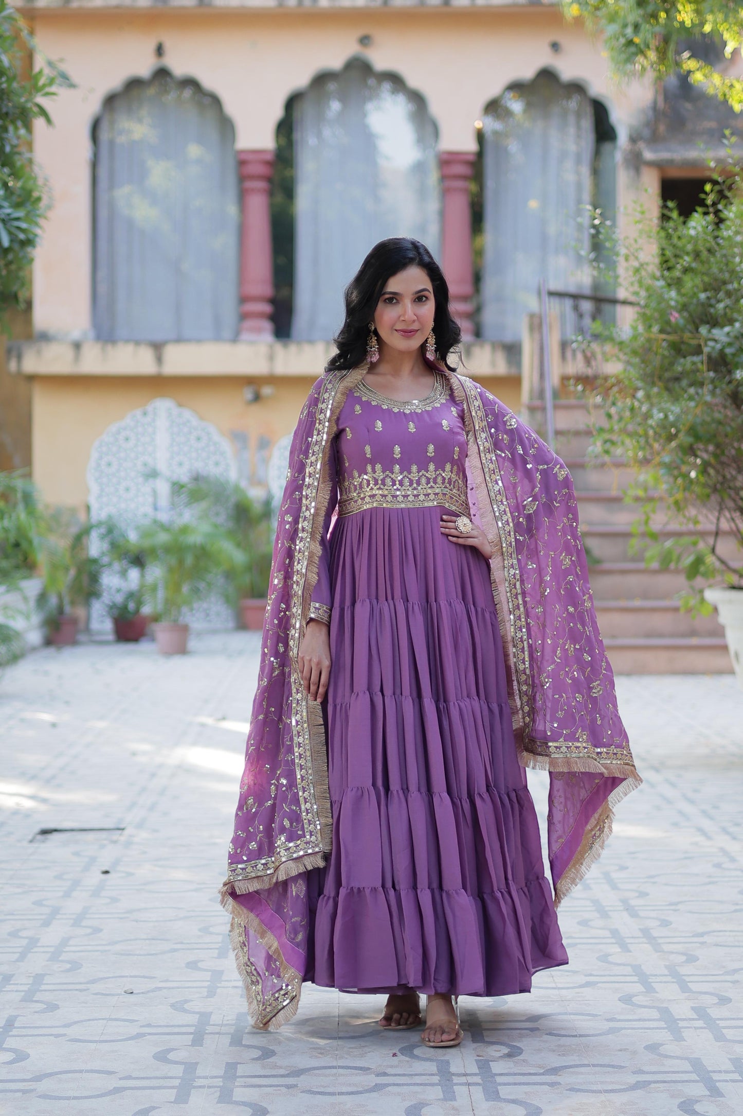 Spellbinding Georgette Ruffle Sequins Embroidered Gown With Dupatta - INDIAN ELEGANCE