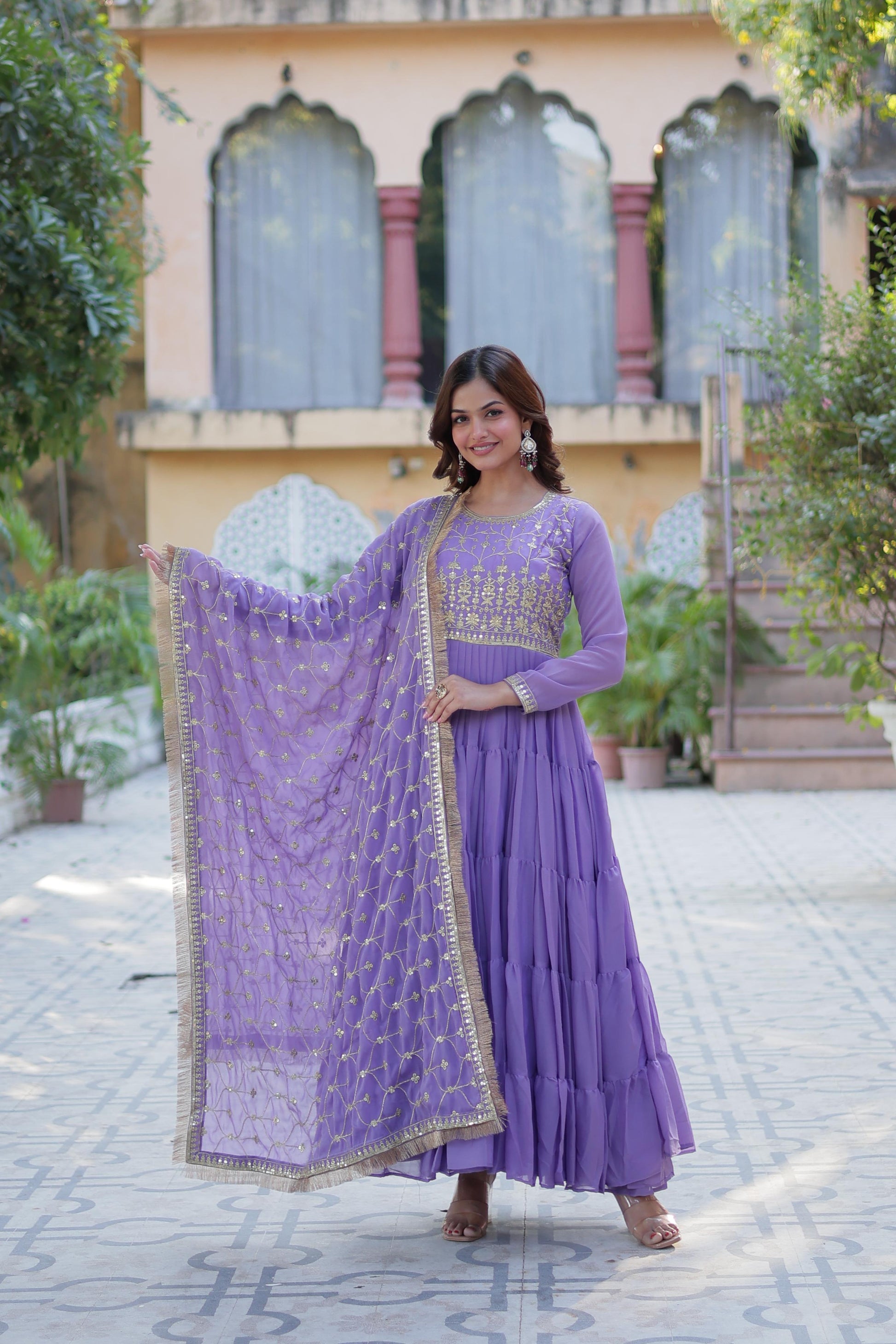 Spellbinding Georgette Ruffle Sequins Embroidered Gown With Dupatta - INDIAN ELEGANCE
