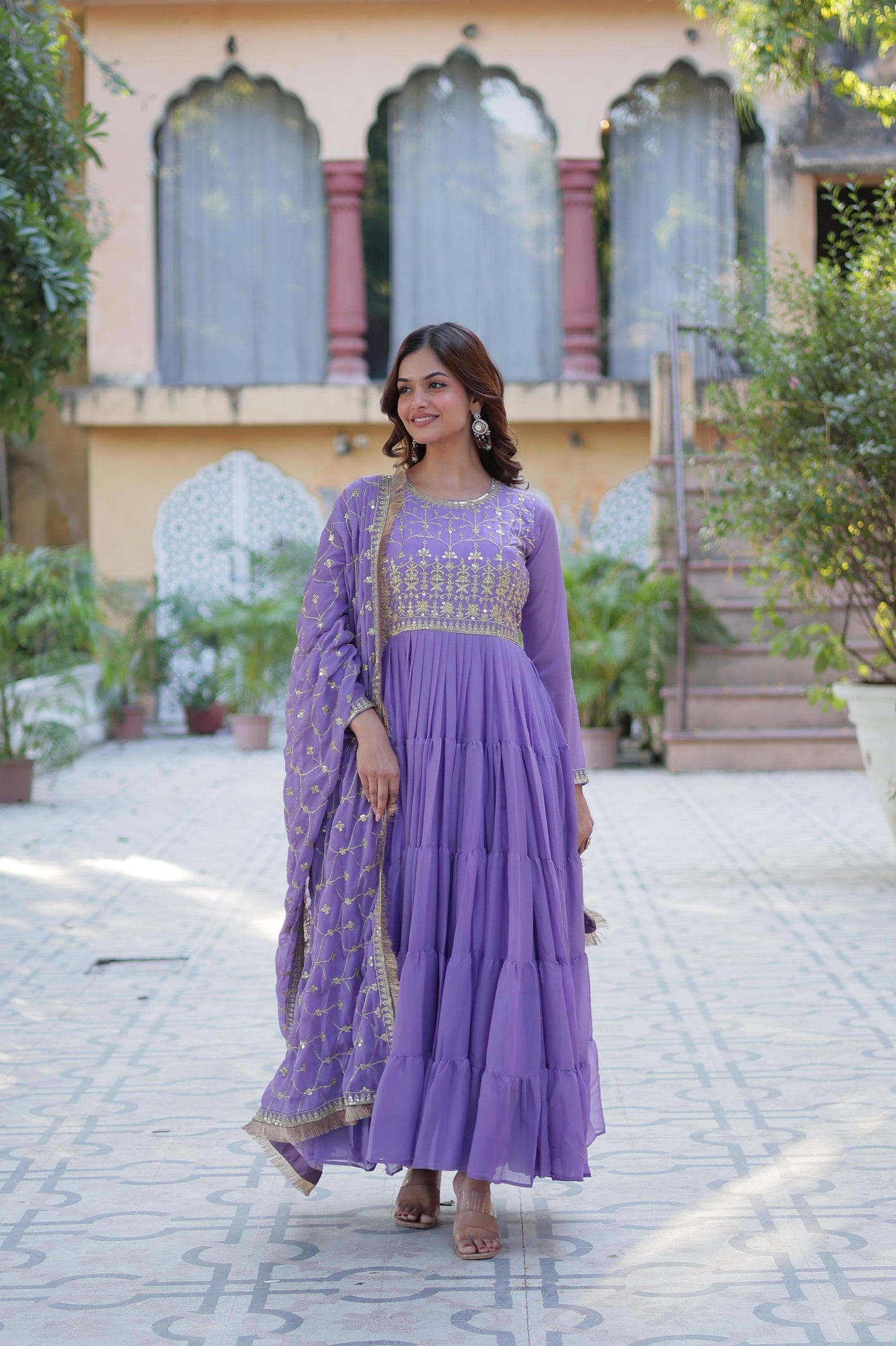 Spellbinding Georgette Ruffle Sequins Embroidered Gown With Dupatta - INDIAN ELEGANCE