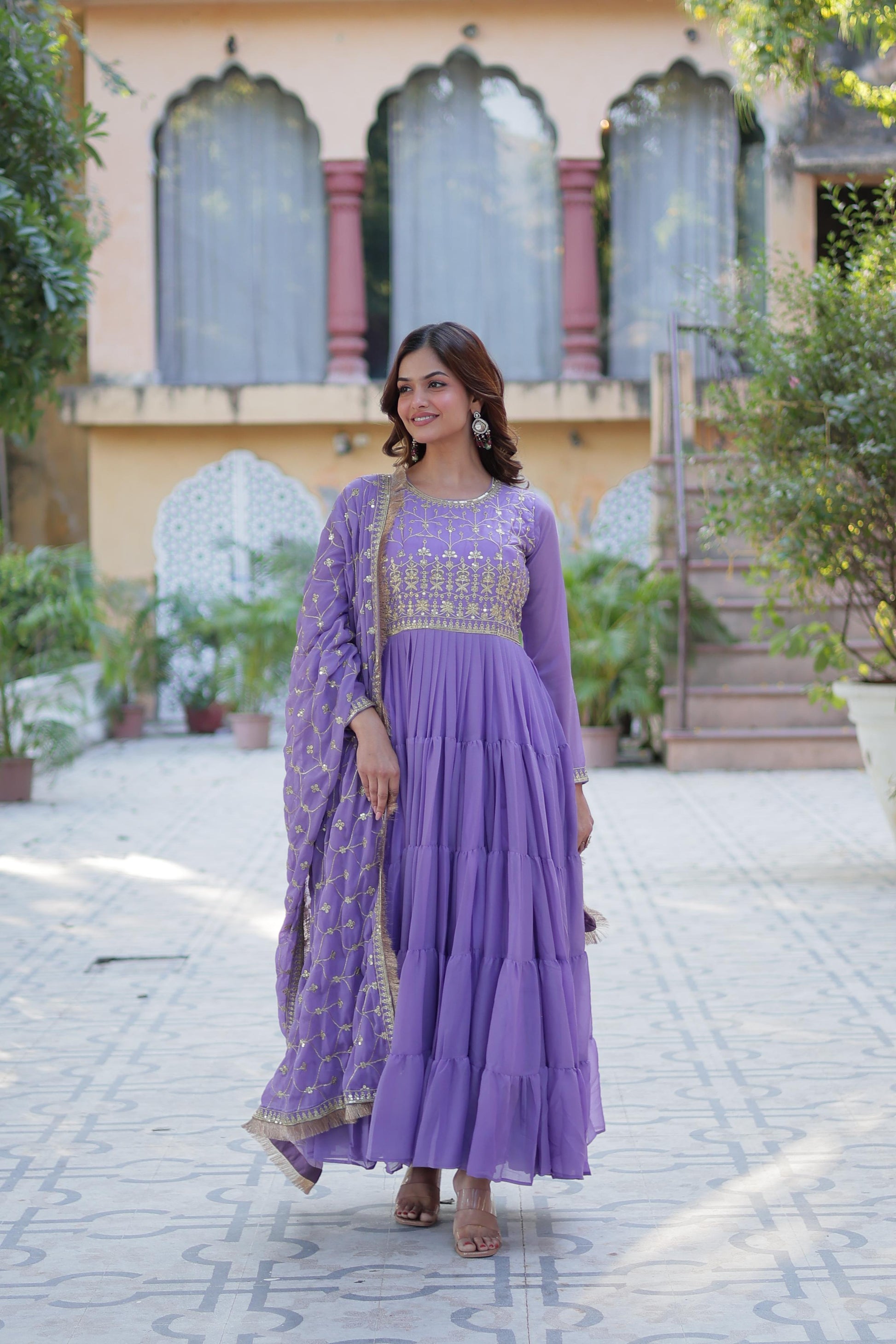 Spellbinding Georgette Ruffle Sequins Embroidered Gown With Dupatta - INDIAN ELEGANCE