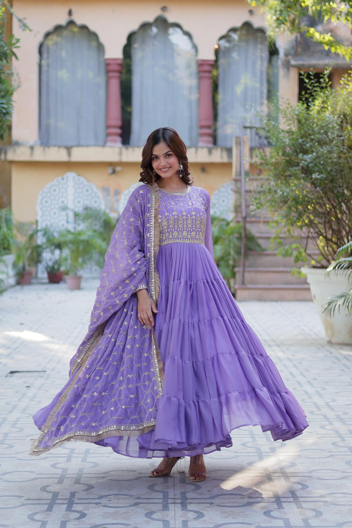 Spellbinding Georgette Ruffle Sequins Embroidered Gown With Dupatta - INDIAN ELEGANCE